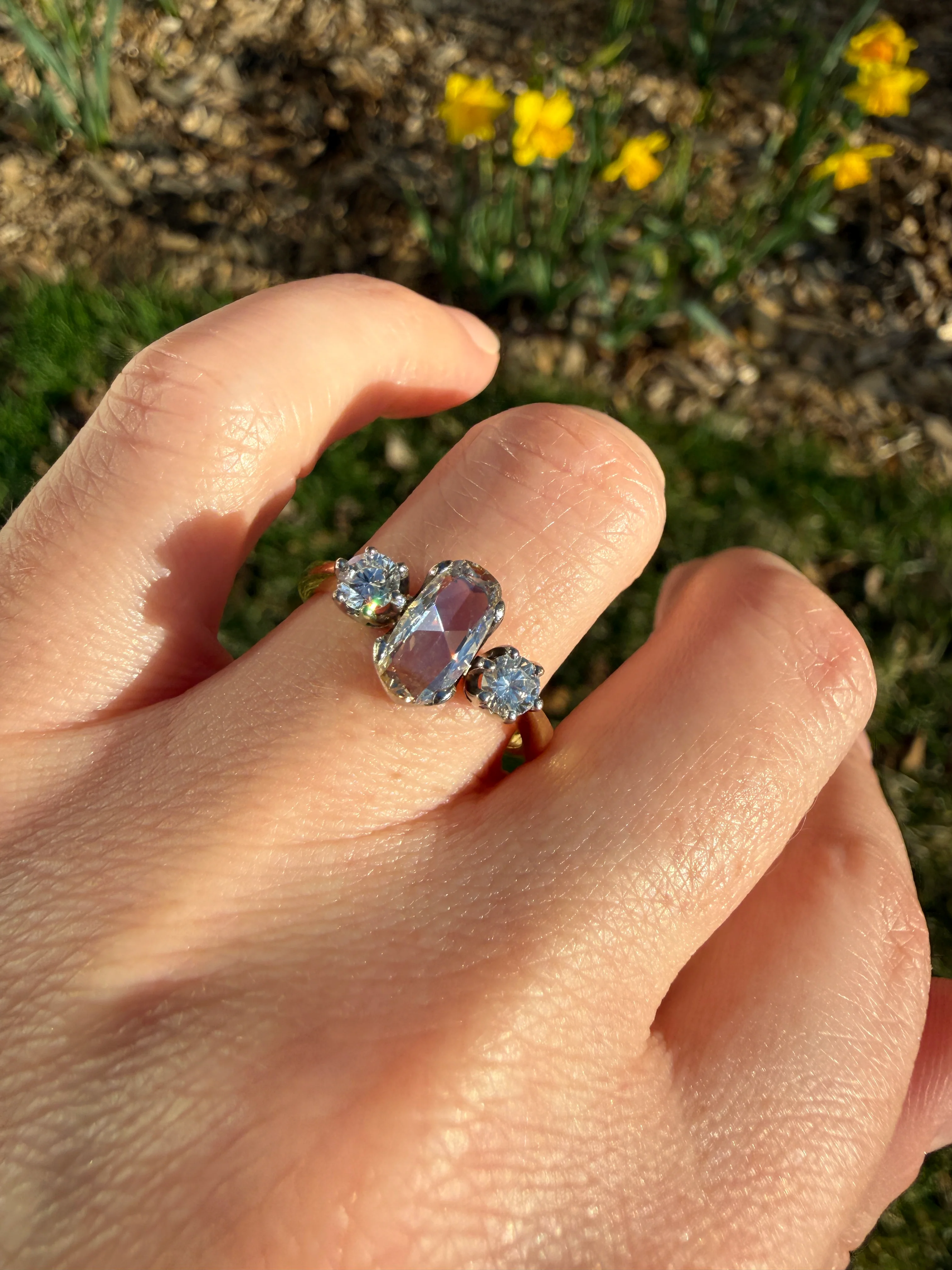Unique Vintage Elongated Natural VS1 Portrait Rose Cut Three Stone DIAMOND Ring 18k Gold Solid Cushion Oval Stacker Band - Image 36