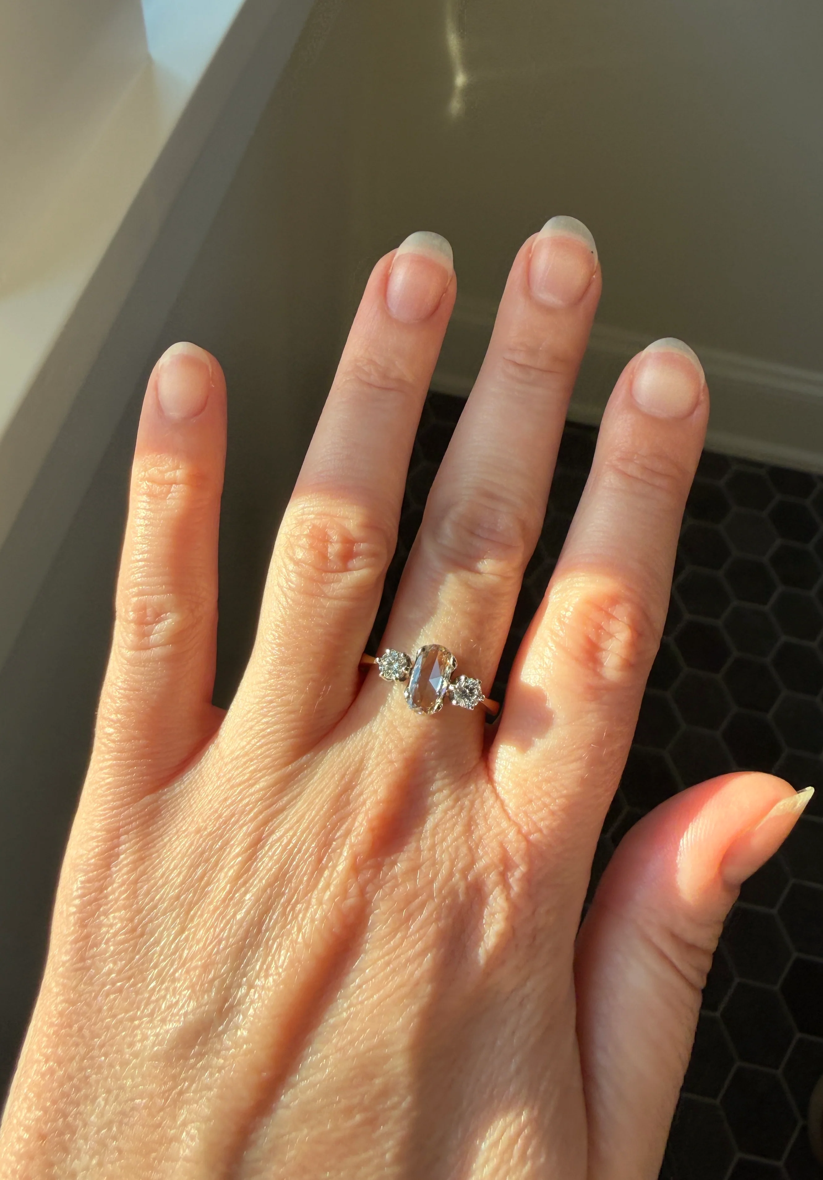 Unique Vintage Elongated Natural VS1 Portrait Rose Cut Three Stone DIAMOND Ring 18k Gold Solid Cushion Oval Stacker Band - Image 38