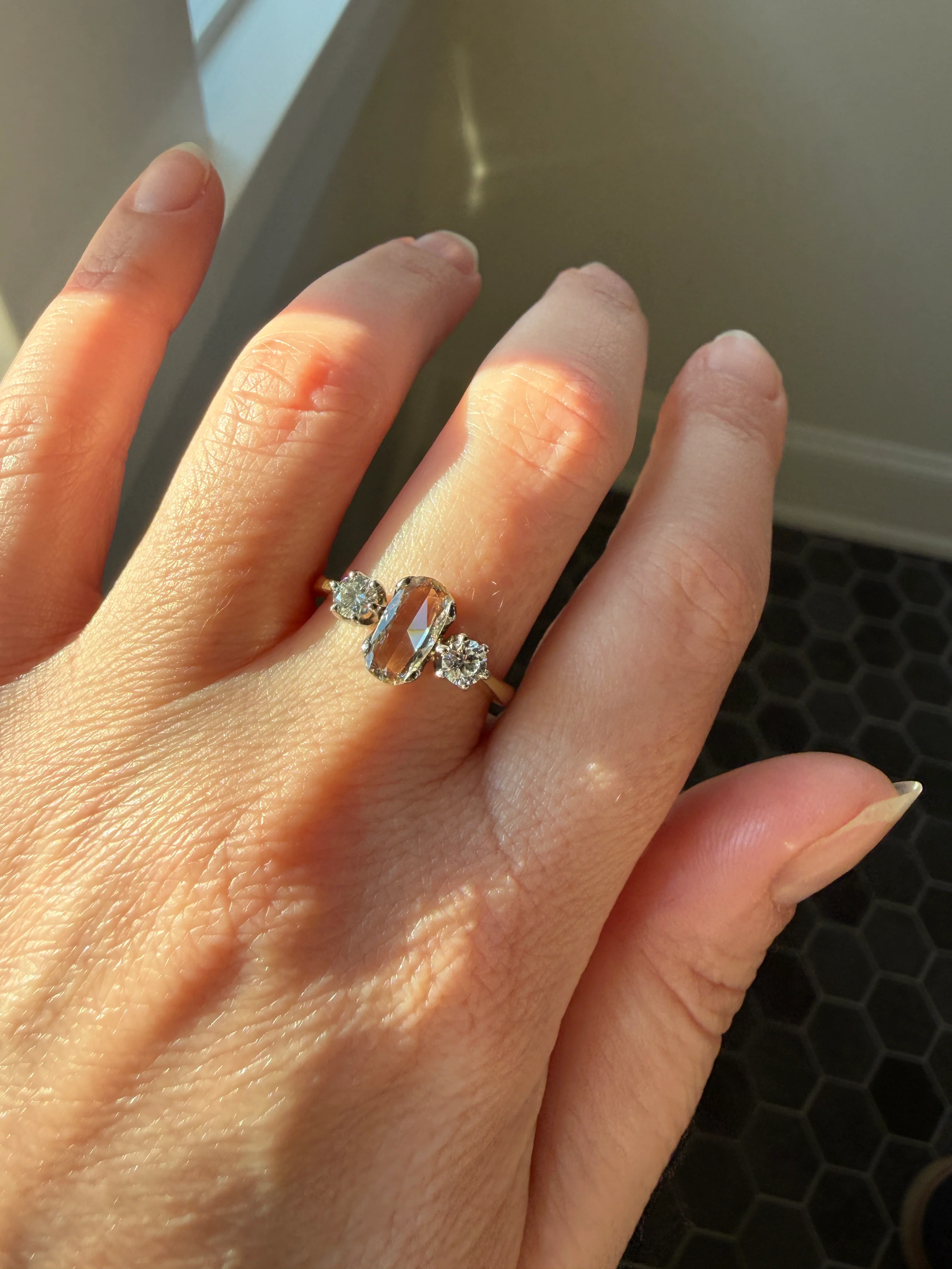 Unique Vintage Elongated Natural VS1 Portrait Rose Cut Three Stone DIAMOND Ring 18k Gold Solid Cushion Oval Stacker Band - Image 39