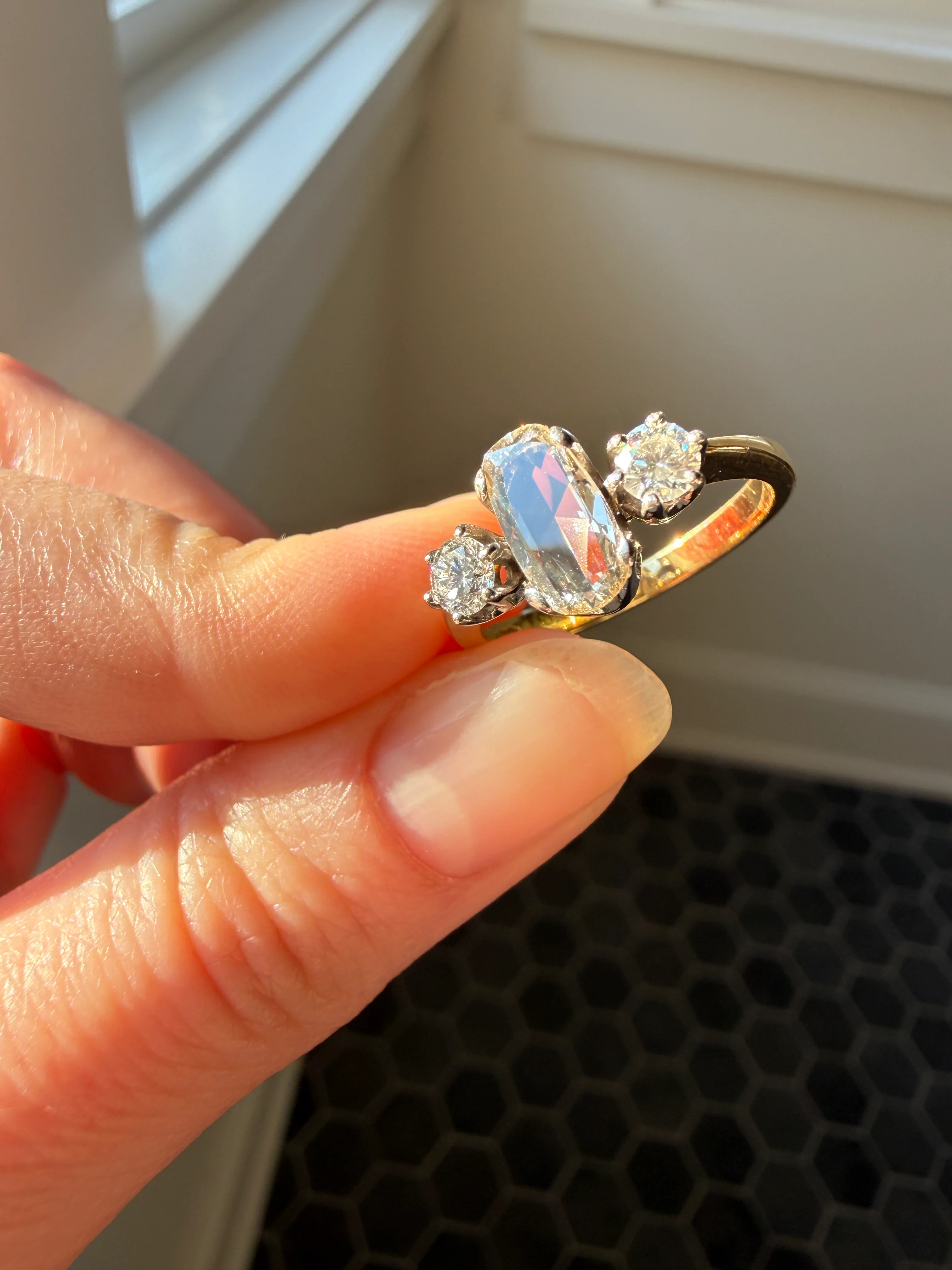 Unique Vintage Elongated Natural VS1 Portrait Rose Cut Three Stone DIAMOND Ring 18k Gold Solid Cushion Oval Stacker Band - Image 40