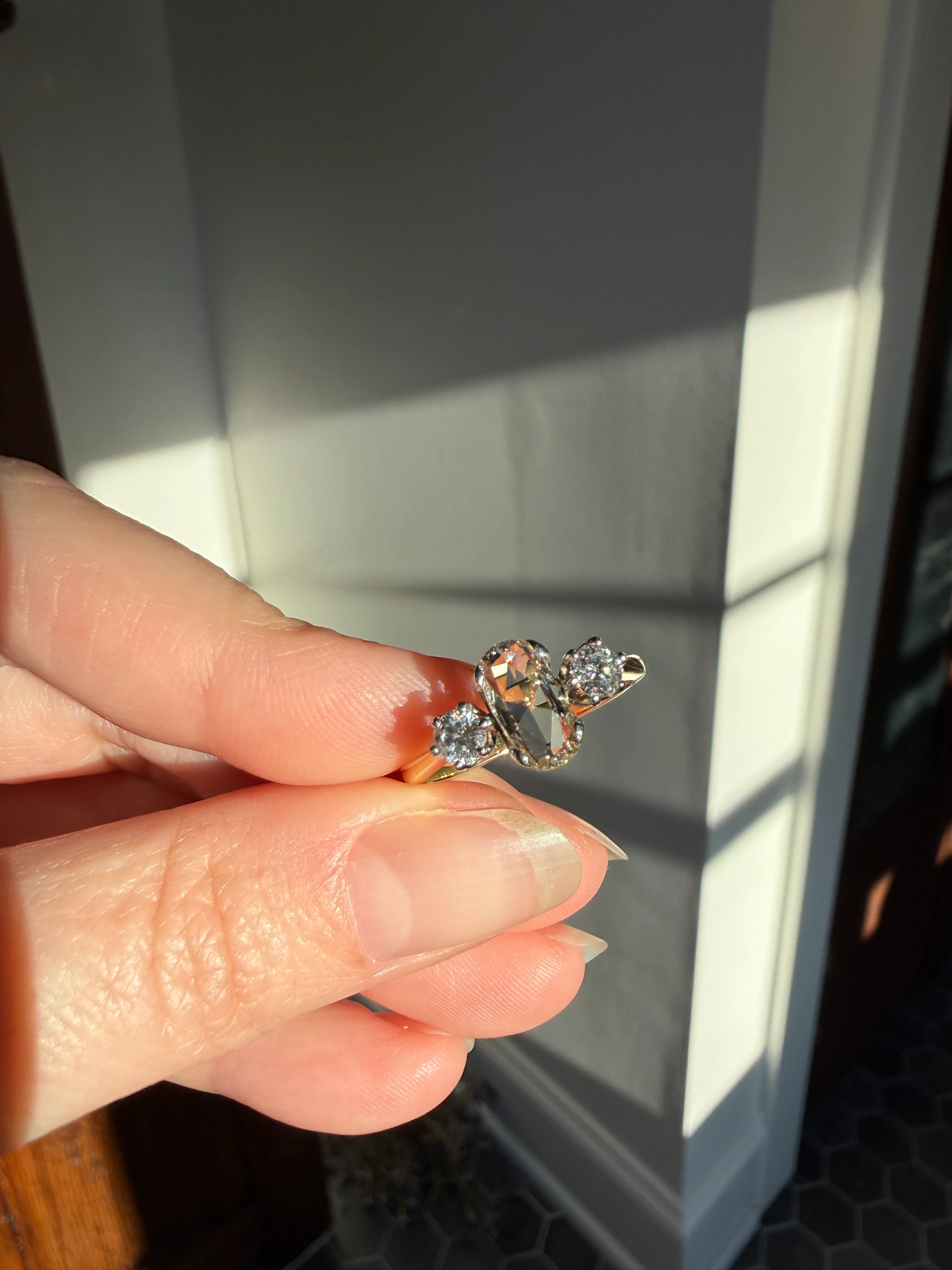 Unique Vintage Elongated Natural VS1 Portrait Rose Cut Three Stone DIAMOND Ring 18k Gold Solid Cushion Oval Stacker Band - Image 43