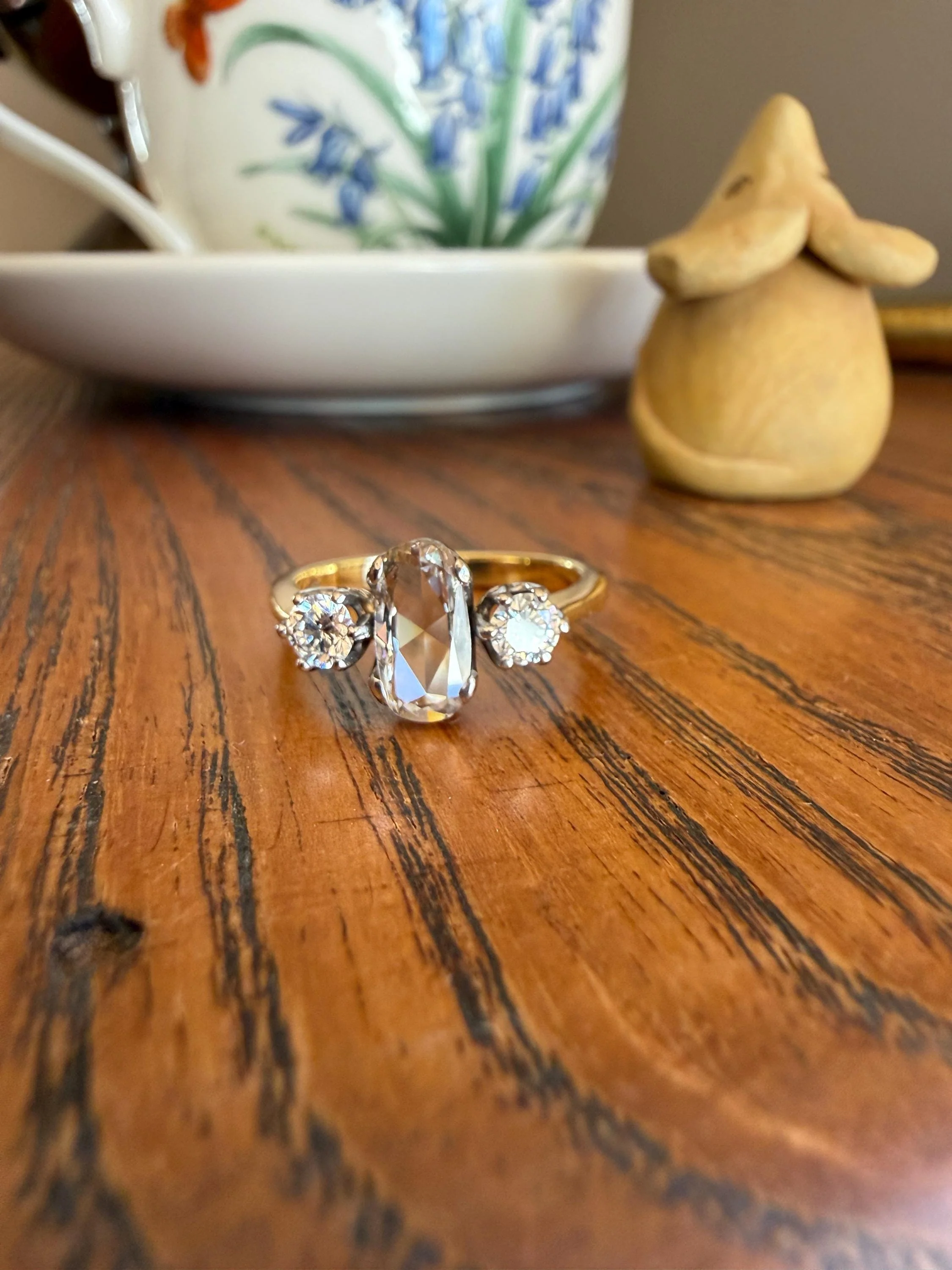 Unique Vintage Elongated Natural VS1 Portrait Rose Cut Three Stone DIAMOND Ring 18k Gold Solid Cushion Oval Stacker Band - Image 7