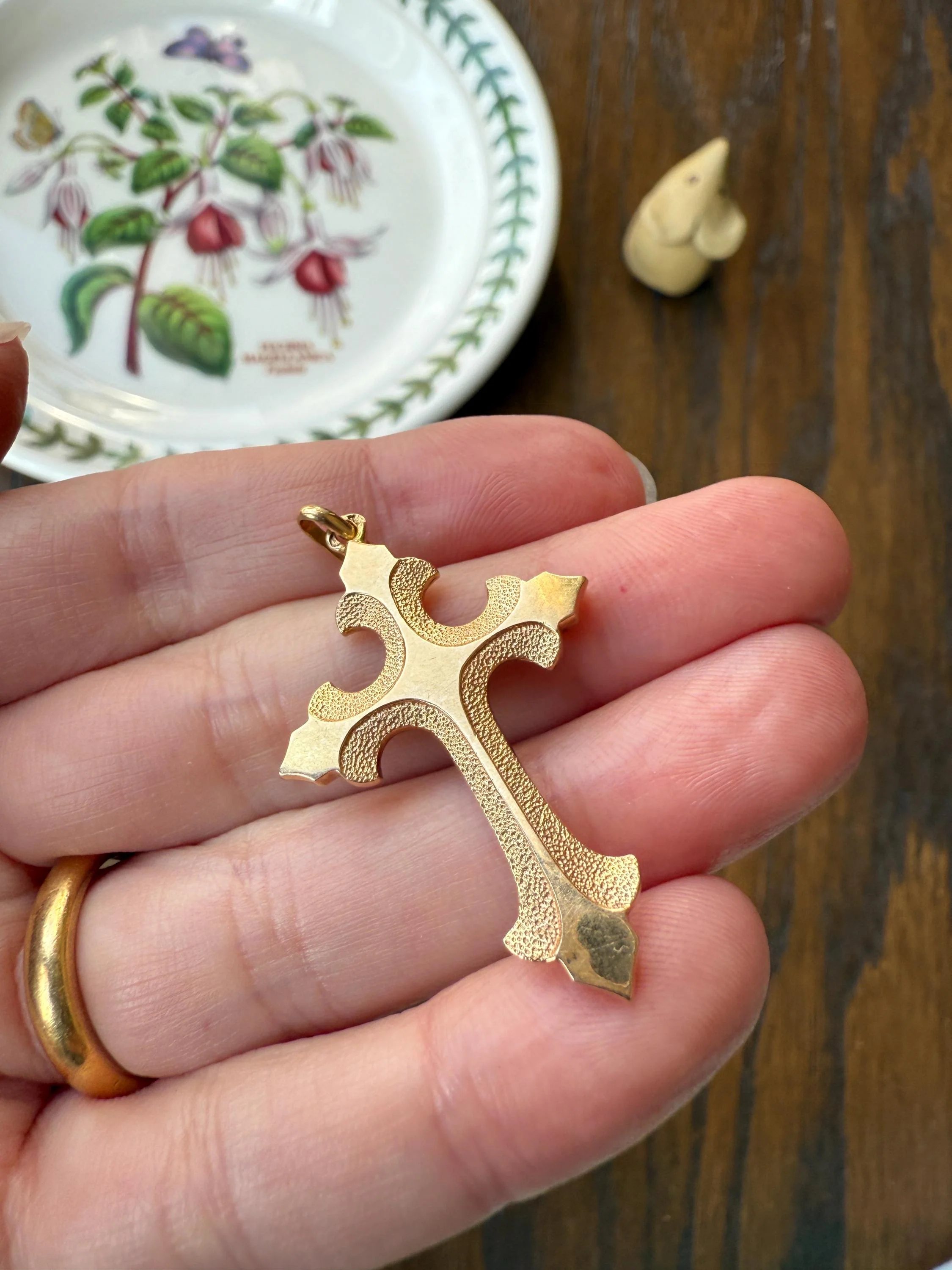 VICTORIAN 18k Gold French Antique Cross PENDANT Matte and Shine Texture Reversible Ornate Religious Faith Gift Belle Epoque - Image 11