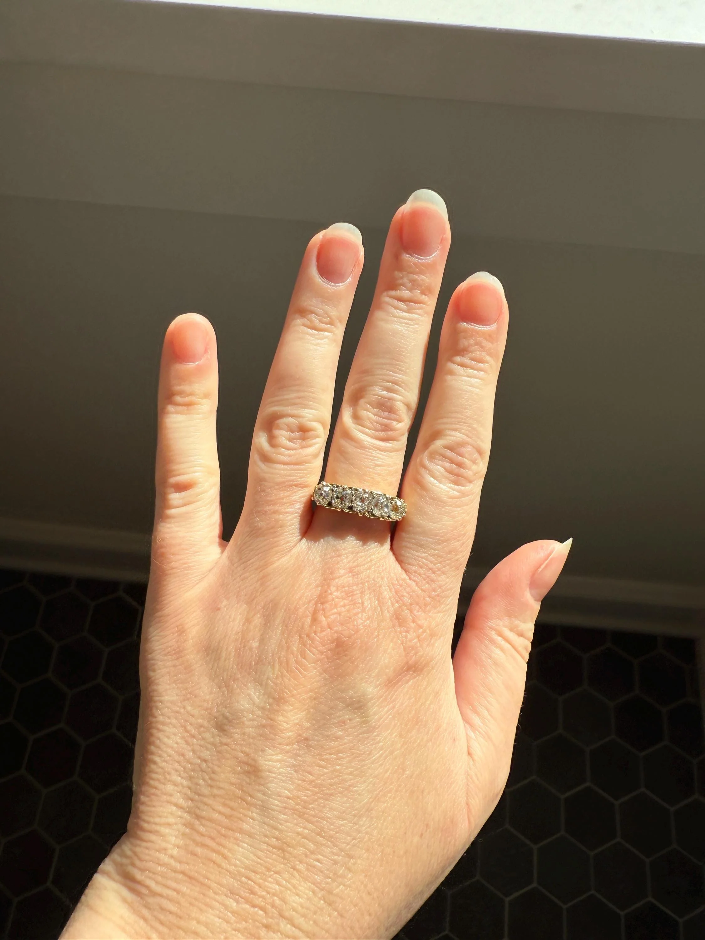 Victorian 2.25 Carats Antique Old Mine Cut Diamond Five Stone Ring 18k Gold Chunky Scrolled Ornate Band - Image 11