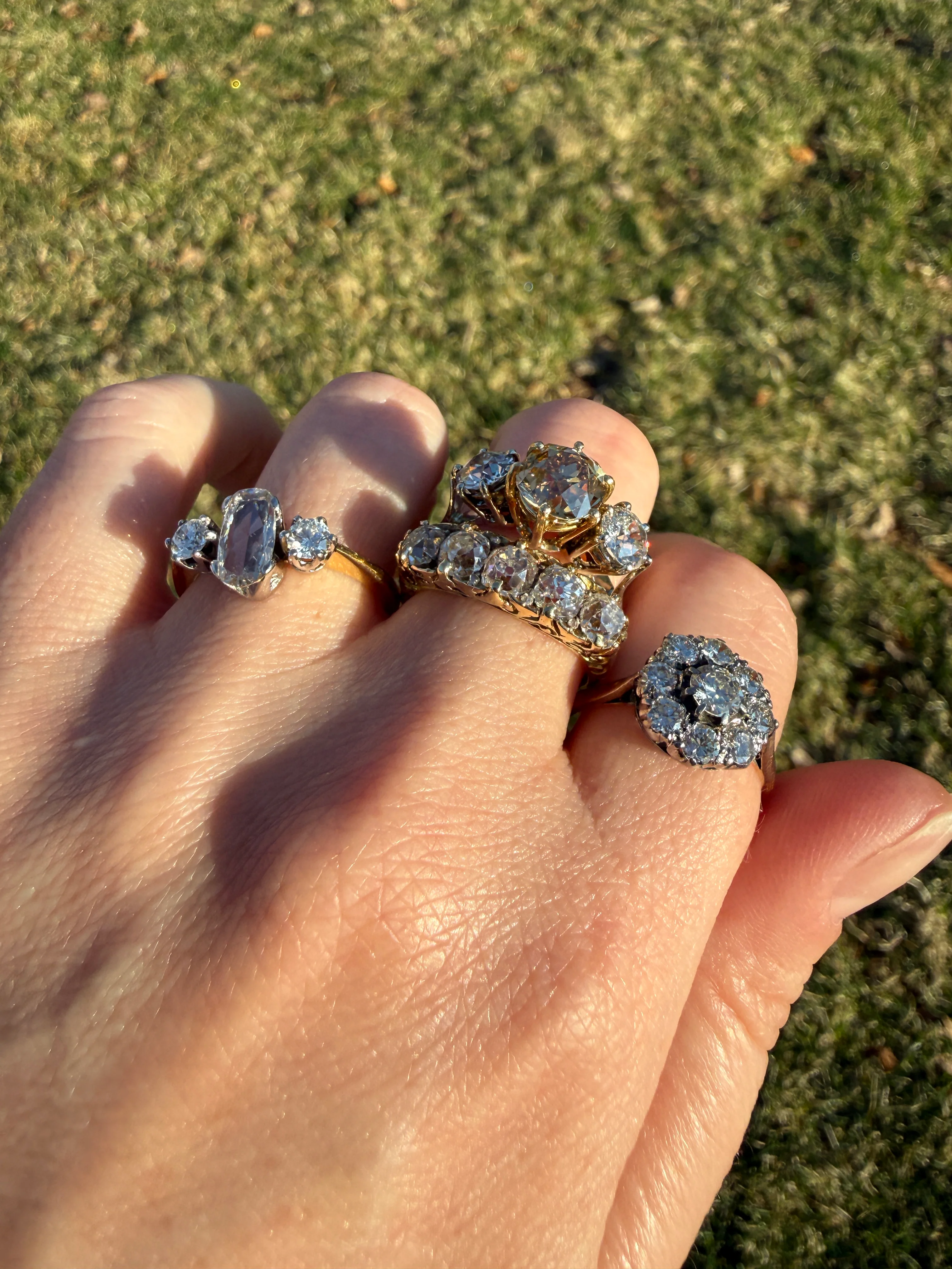 Victorian 2.25 Carats Antique Old Mine Cut Diamond Five Stone Ring 18k Gold Chunky Scrolled Ornate Band - Image 25