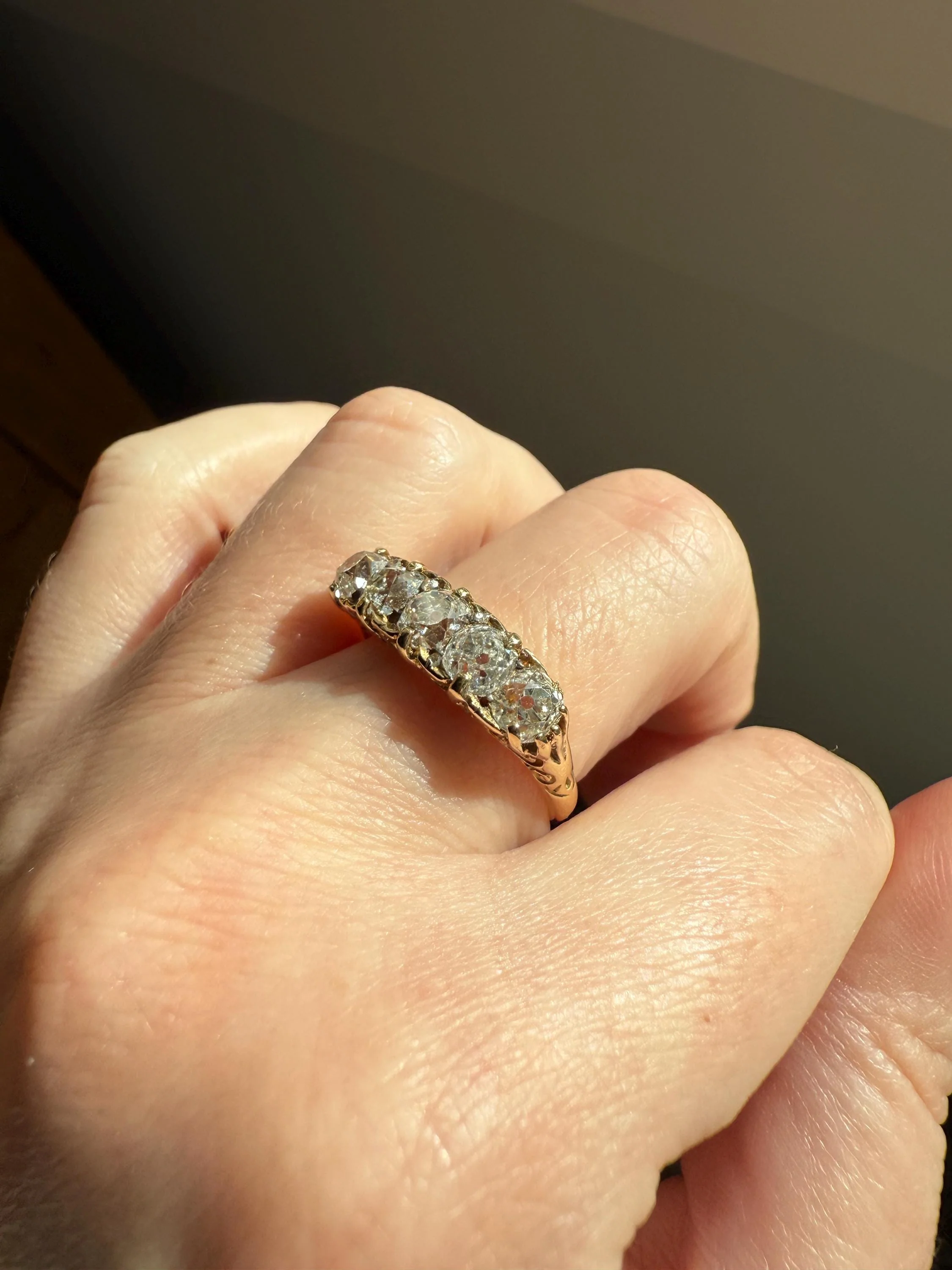 Victorian 2.25 Carats Antique Old Mine Cut Diamond Five Stone Ring 18k Gold Chunky Scrolled Ornate Band - Image 3