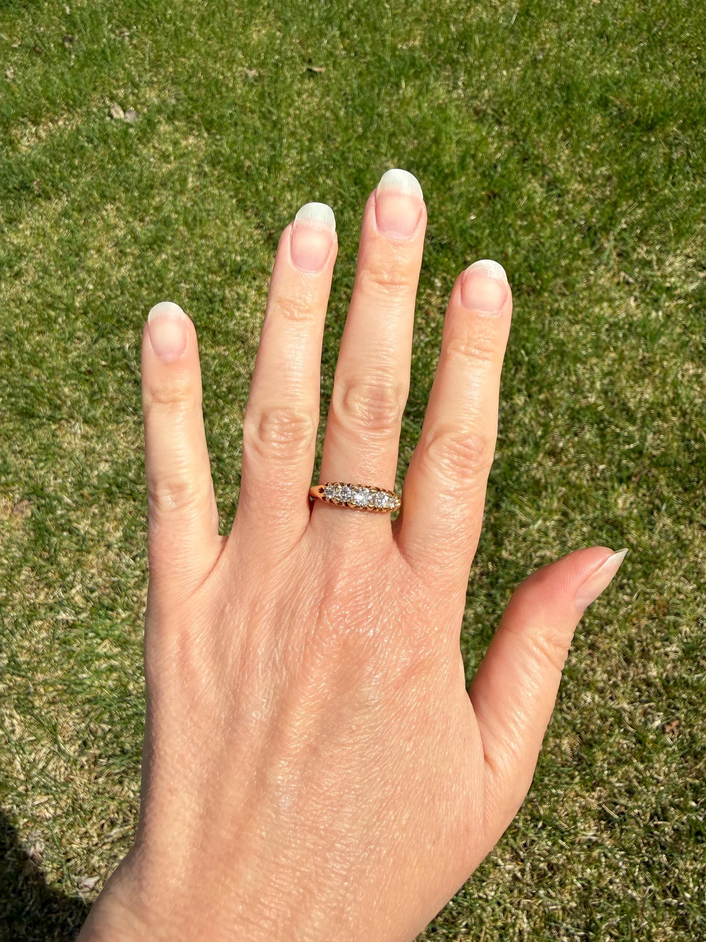Victorian Antique .7 Carat Old Mine Cut Diamond Five Stone Ring Sturdy 18k GOLD Stacker Band OMC Daily Wearer - Image 5