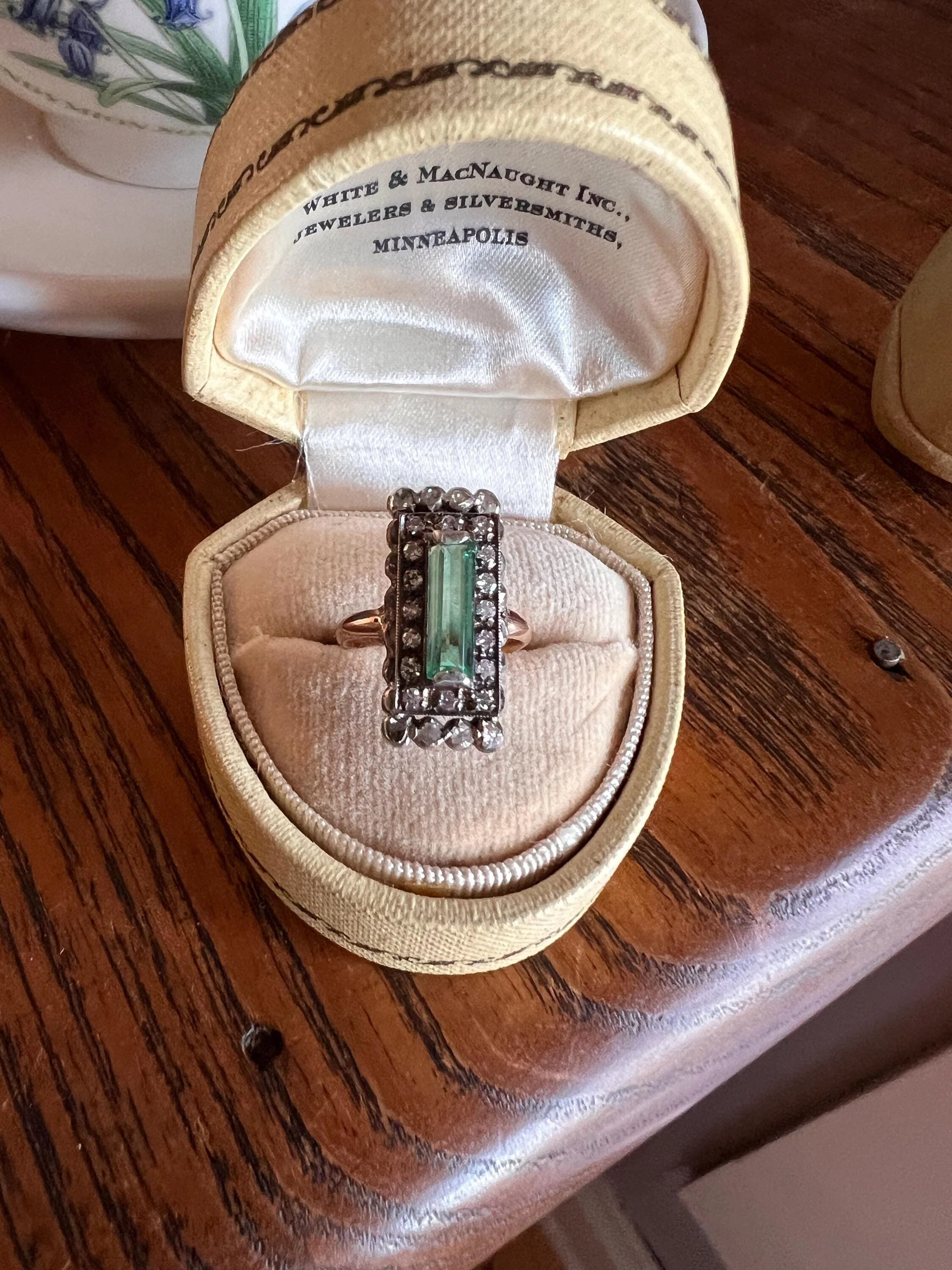 VICTORIAN Antique Emerald Cut Blue Green Tourmaline .5 Carat Rose & Single Cut Diamond Halo Panel Ring 14k Gold - Image 11