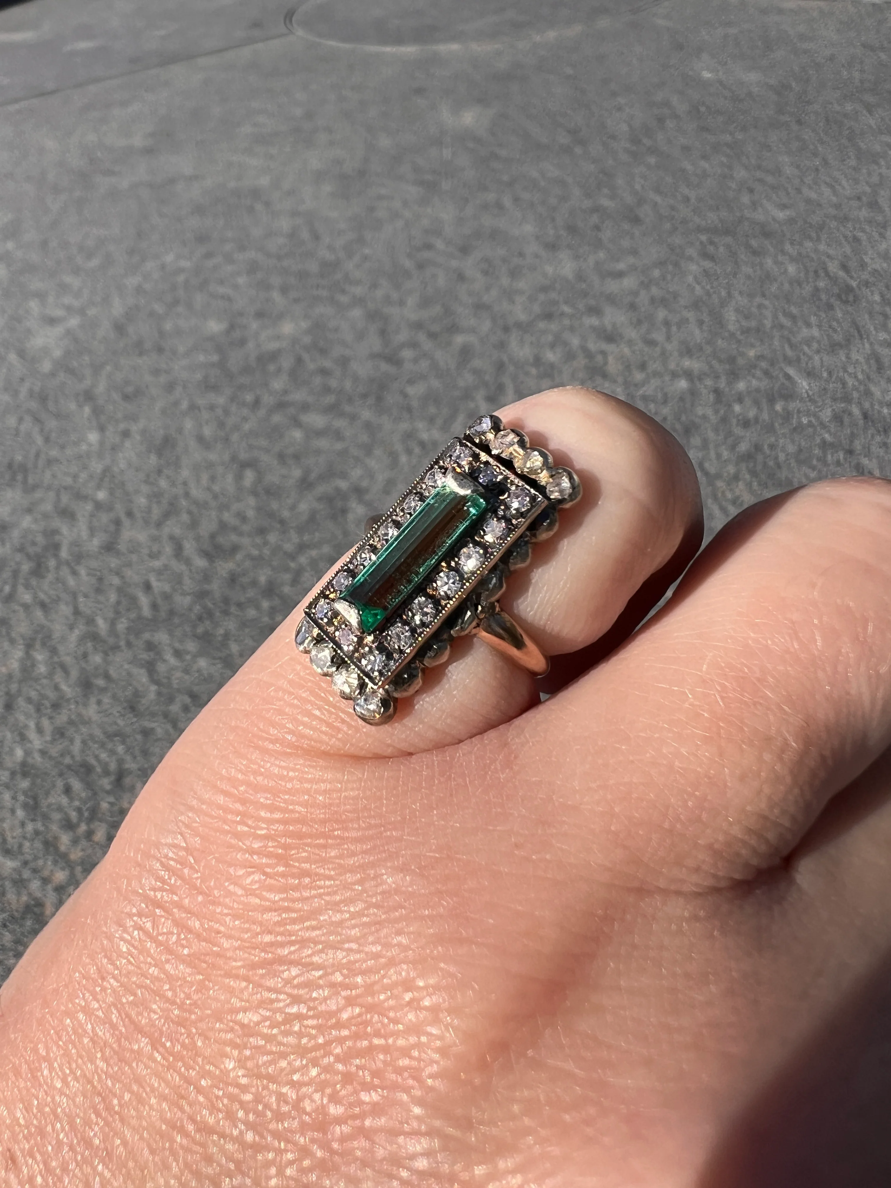 VICTORIAN Antique Emerald Cut Blue Green Tourmaline .5 Carat Rose & Single Cut Diamond Halo Panel Ring 14k Gold - Image 13