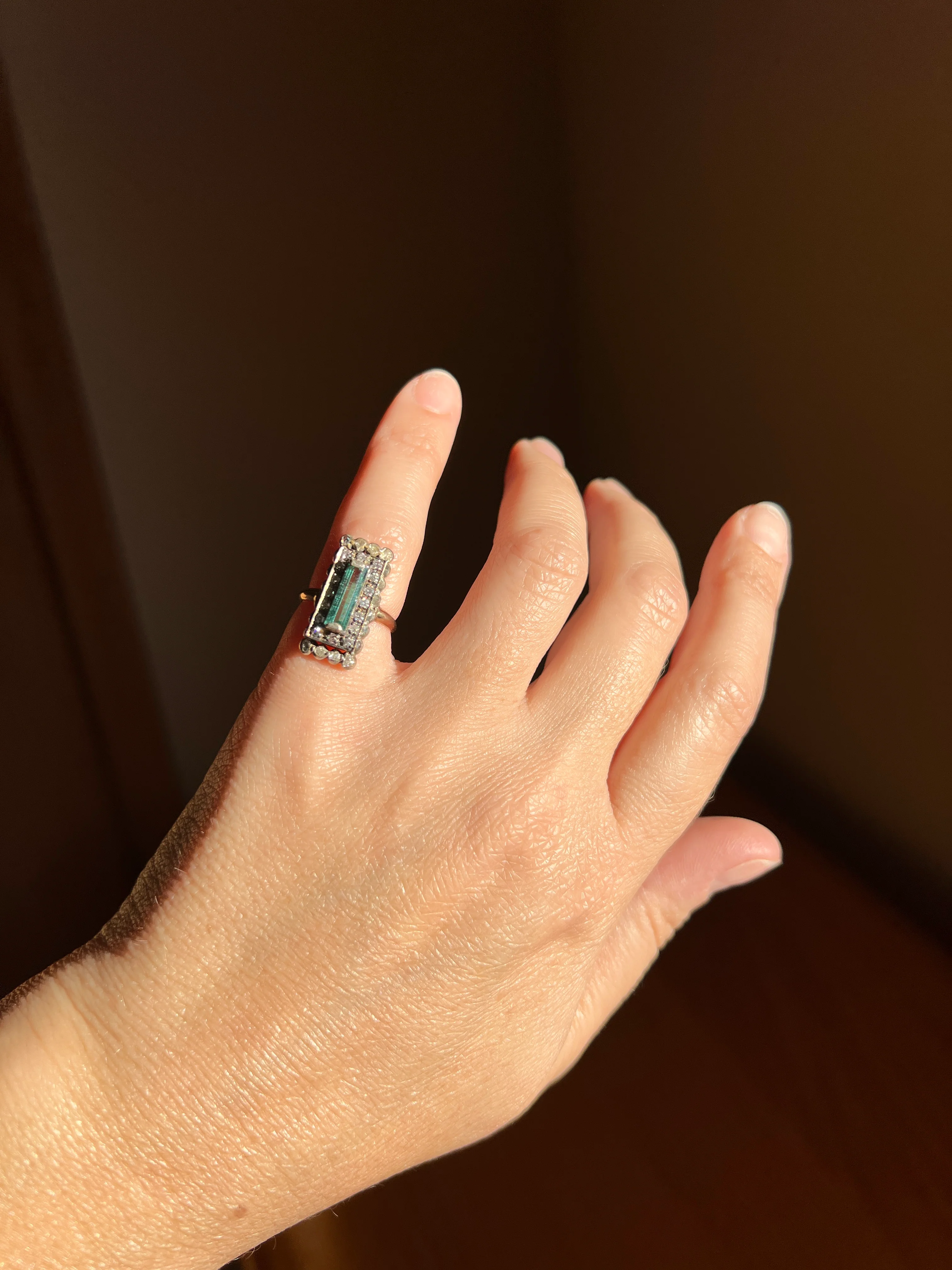 VICTORIAN Antique Emerald Cut Blue Green Tourmaline .5 Carat Rose & Single Cut Diamond Halo Panel Ring 14k Gold - Image 14