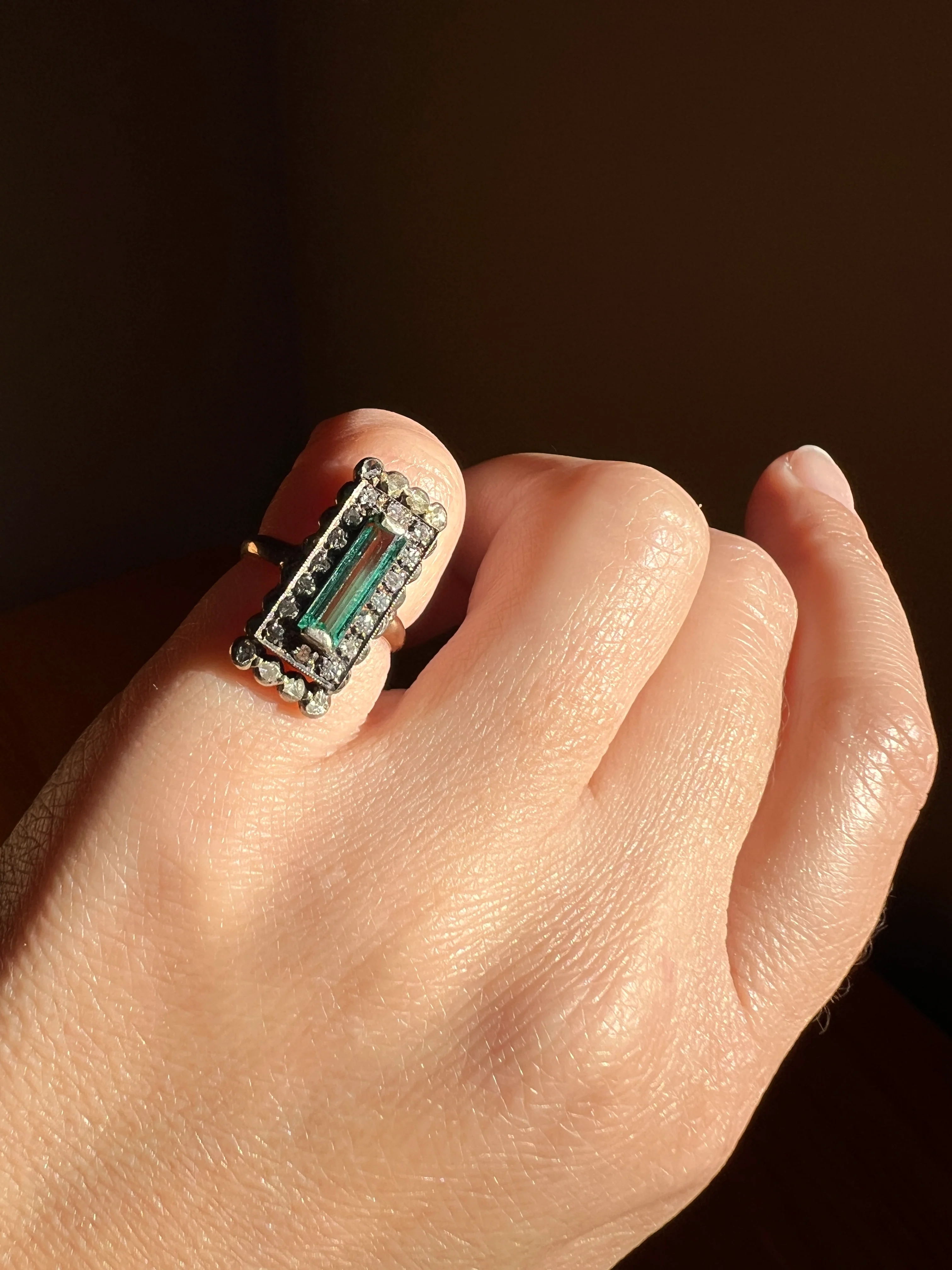 VICTORIAN Antique Emerald Cut Blue Green Tourmaline .5 Carat Rose & Single Cut Diamond Halo Panel Ring 14k Gold - Image 15