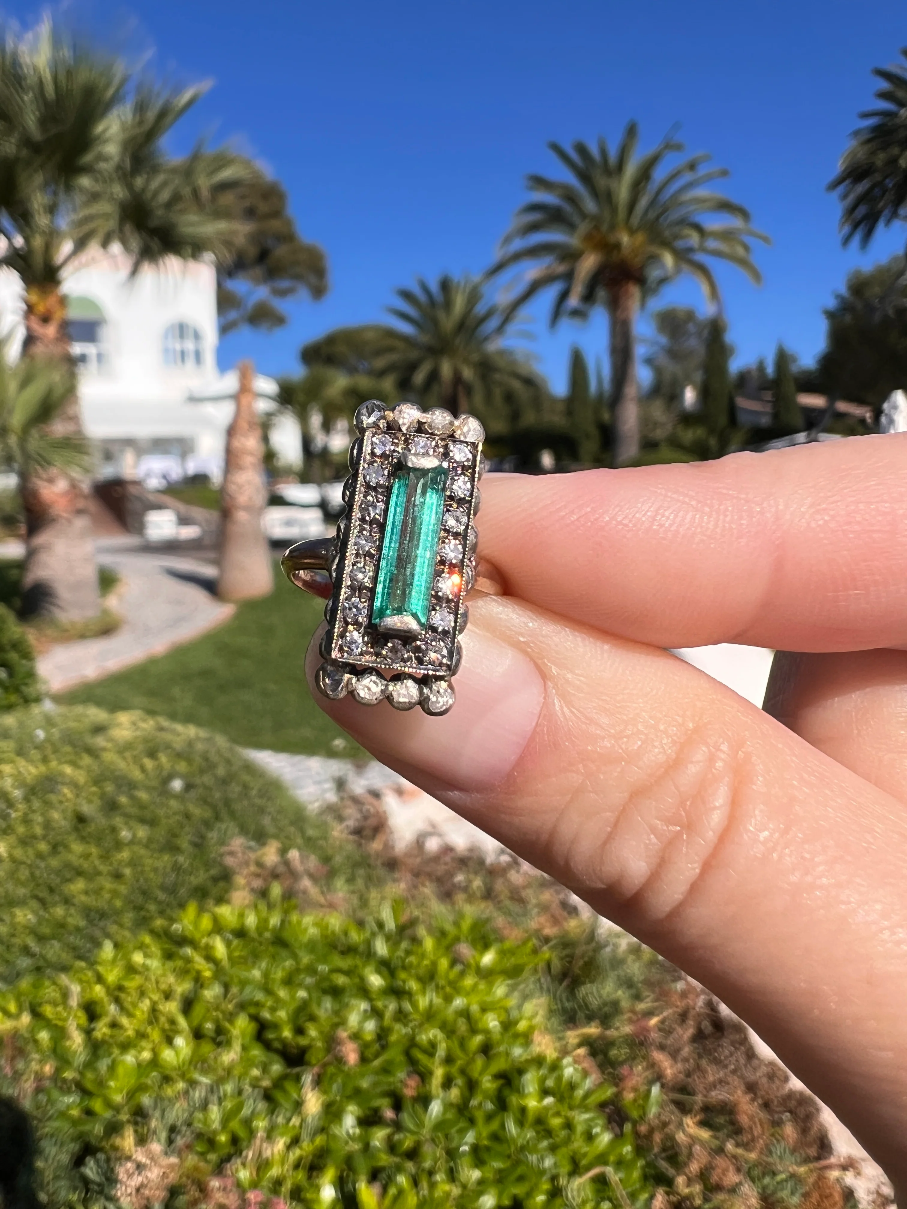VICTORIAN Antique Emerald Cut Blue Green Tourmaline .5 Carat Rose & Single Cut Diamond Halo Panel Ring 14k Gold - Image 16