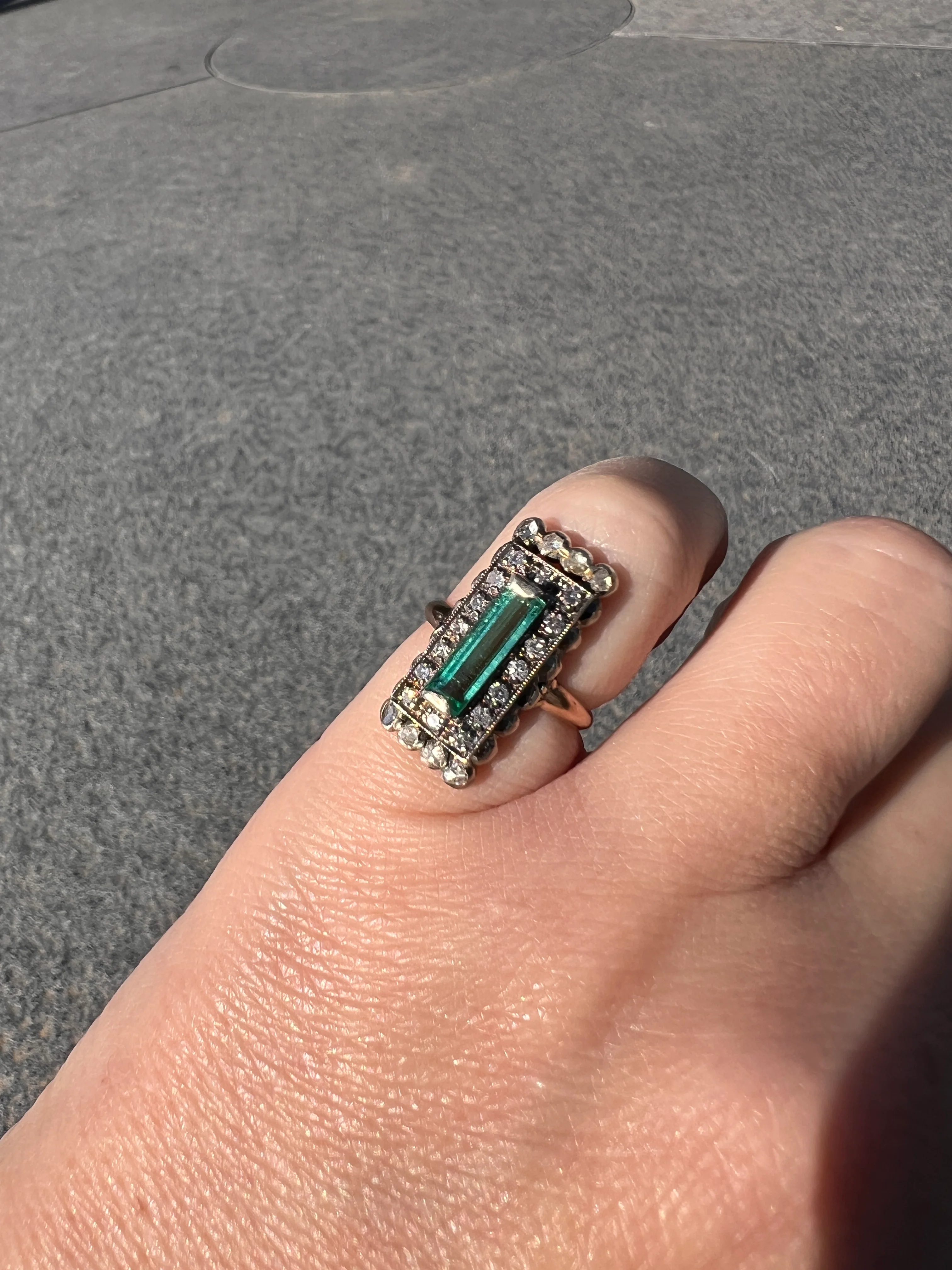 VICTORIAN Antique Emerald Cut Blue Green Tourmaline .5 Carat Rose & Single Cut Diamond Halo Panel Ring 14k Gold - Image 18