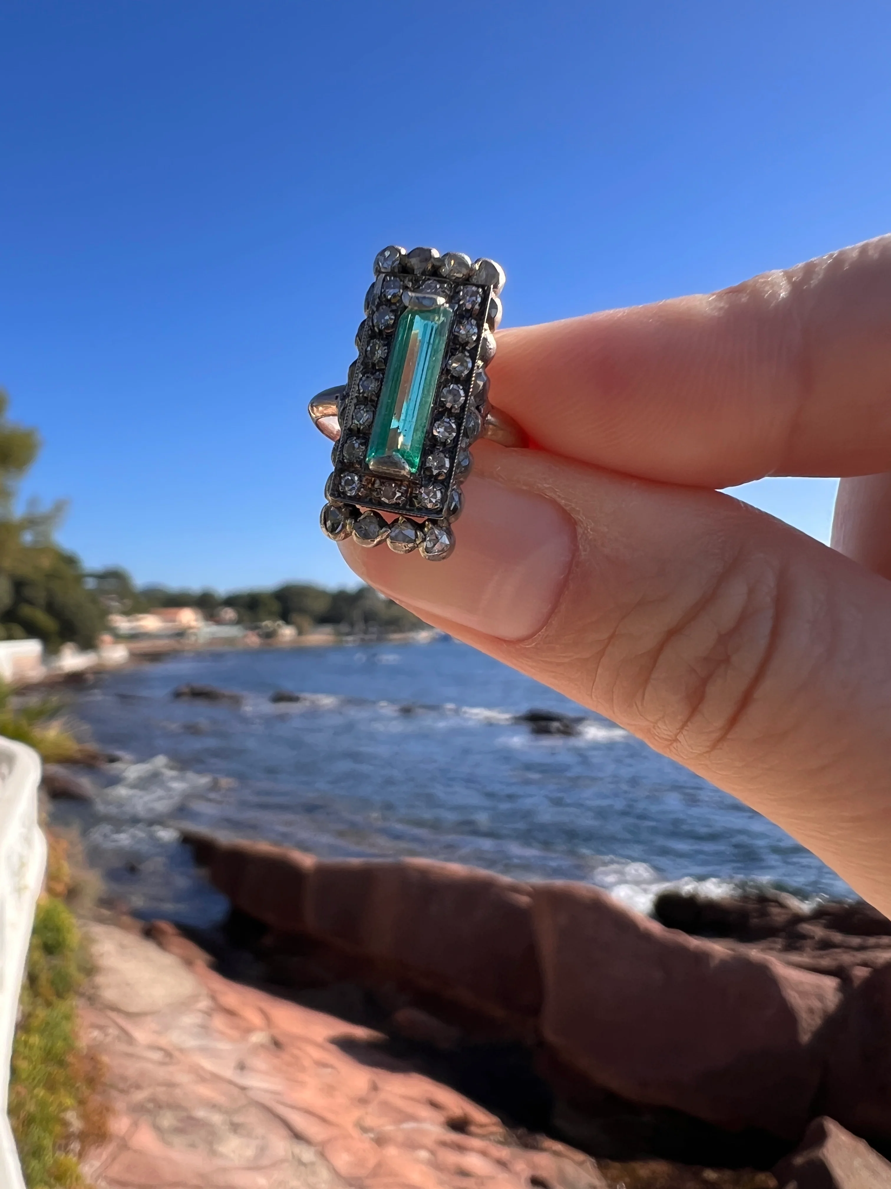 VICTORIAN Antique Emerald Cut Blue Green Tourmaline .5 Carat Rose & Single Cut Diamond Halo Panel Ring 14k Gold - Image 19