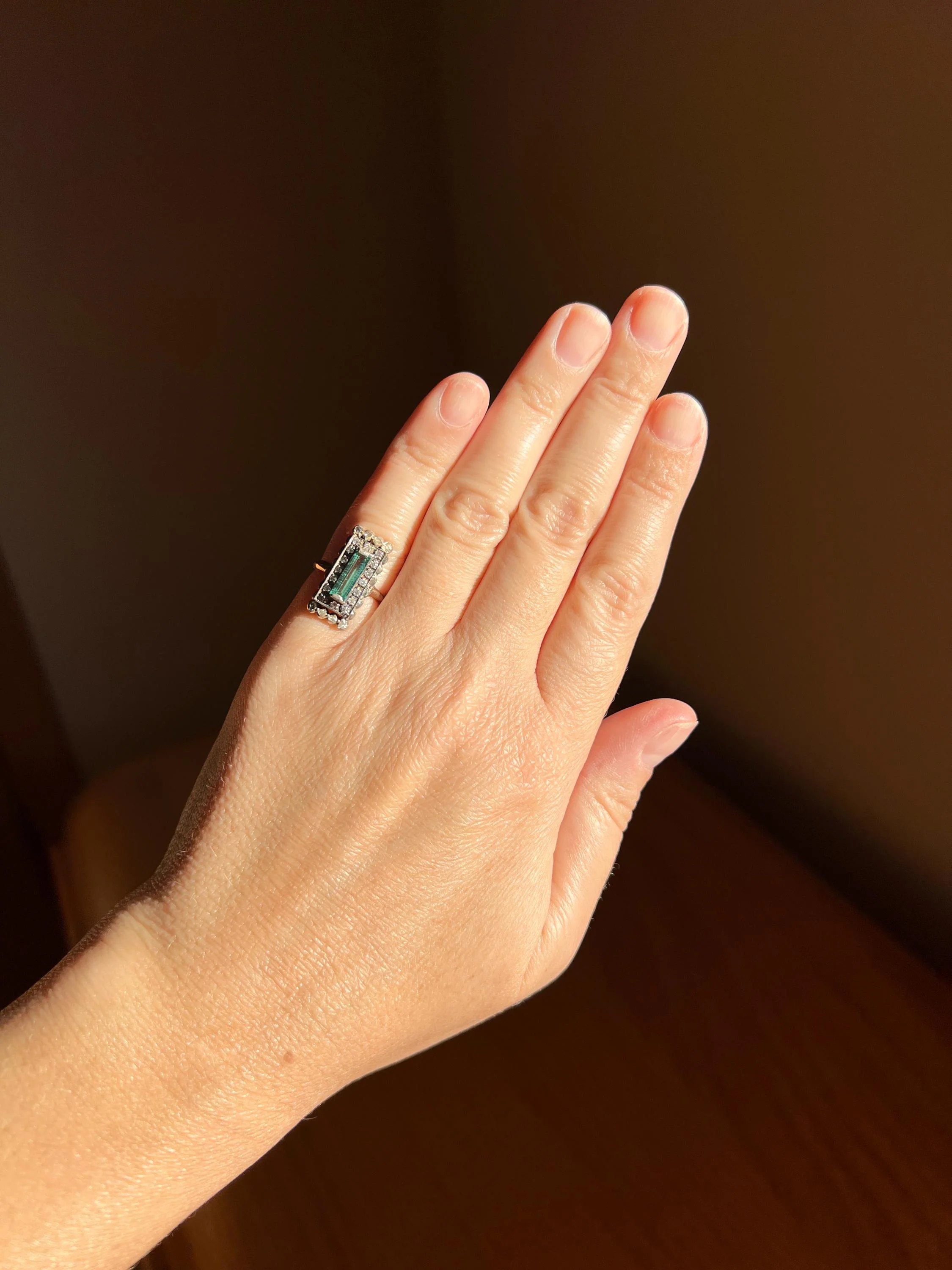 VICTORIAN Antique Emerald Cut Blue Green Tourmaline .5 Carat Rose & Single Cut Diamond Halo Panel Ring 14k Gold - Image 3