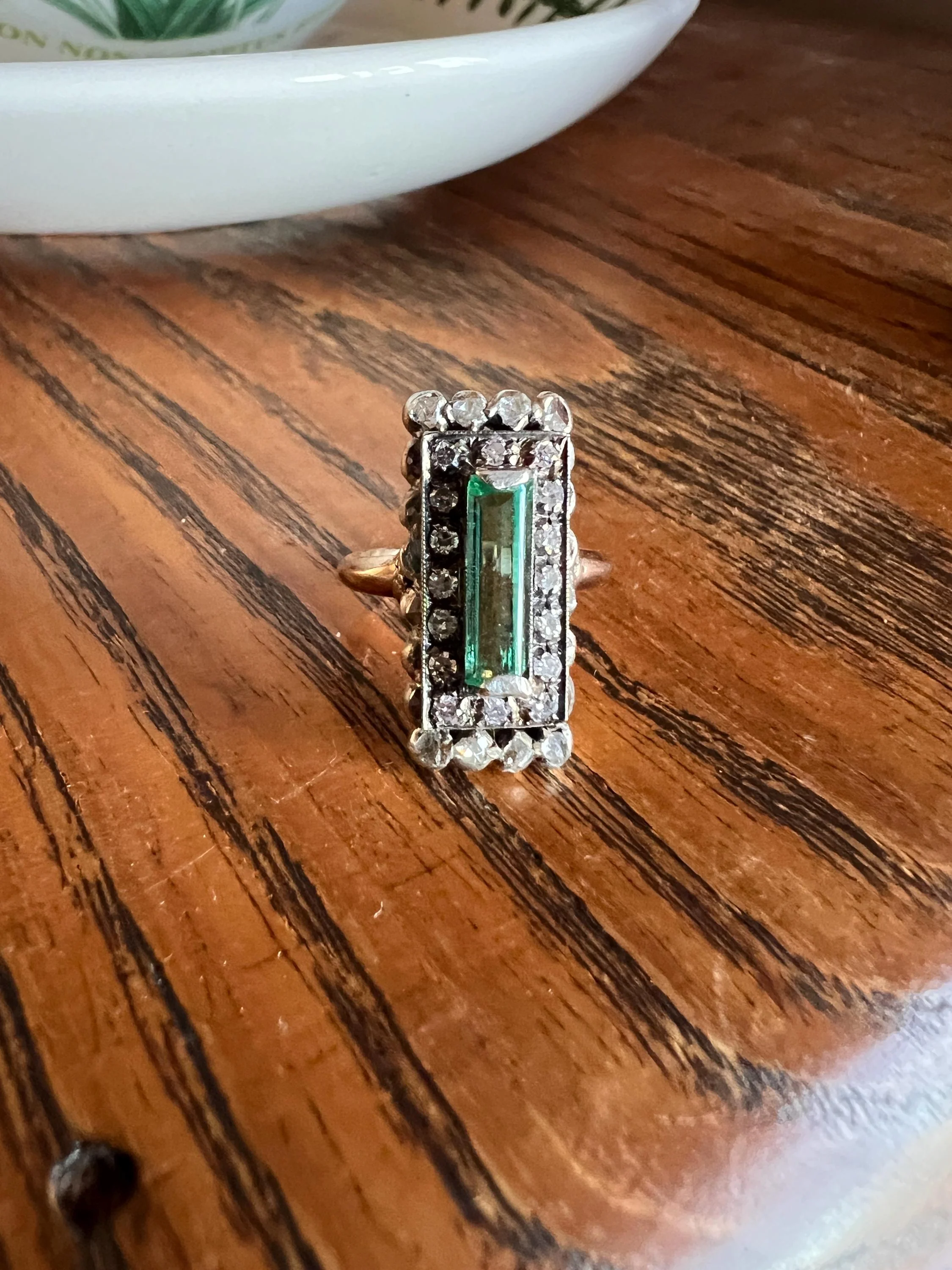 VICTORIAN Antique Emerald Cut Blue Green Tourmaline .5 Carat Rose & Single Cut Diamond Halo Panel Ring 14k Gold - Image 4