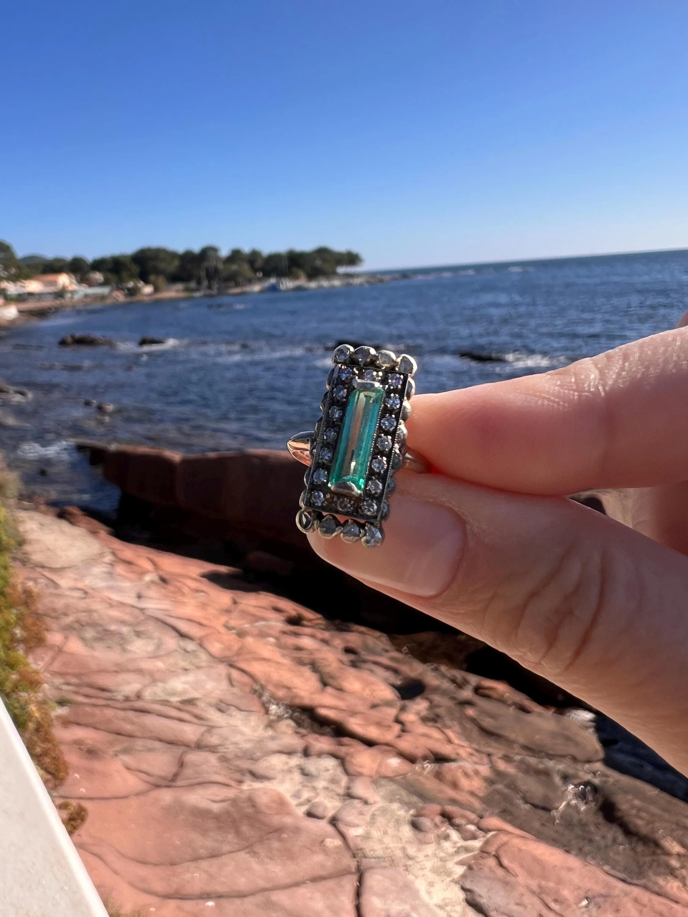 VICTORIAN Antique Emerald Cut Blue Green Tourmaline .5 Carat Rose & Single Cut Diamond Halo Panel Ring 14k Gold - Image 5