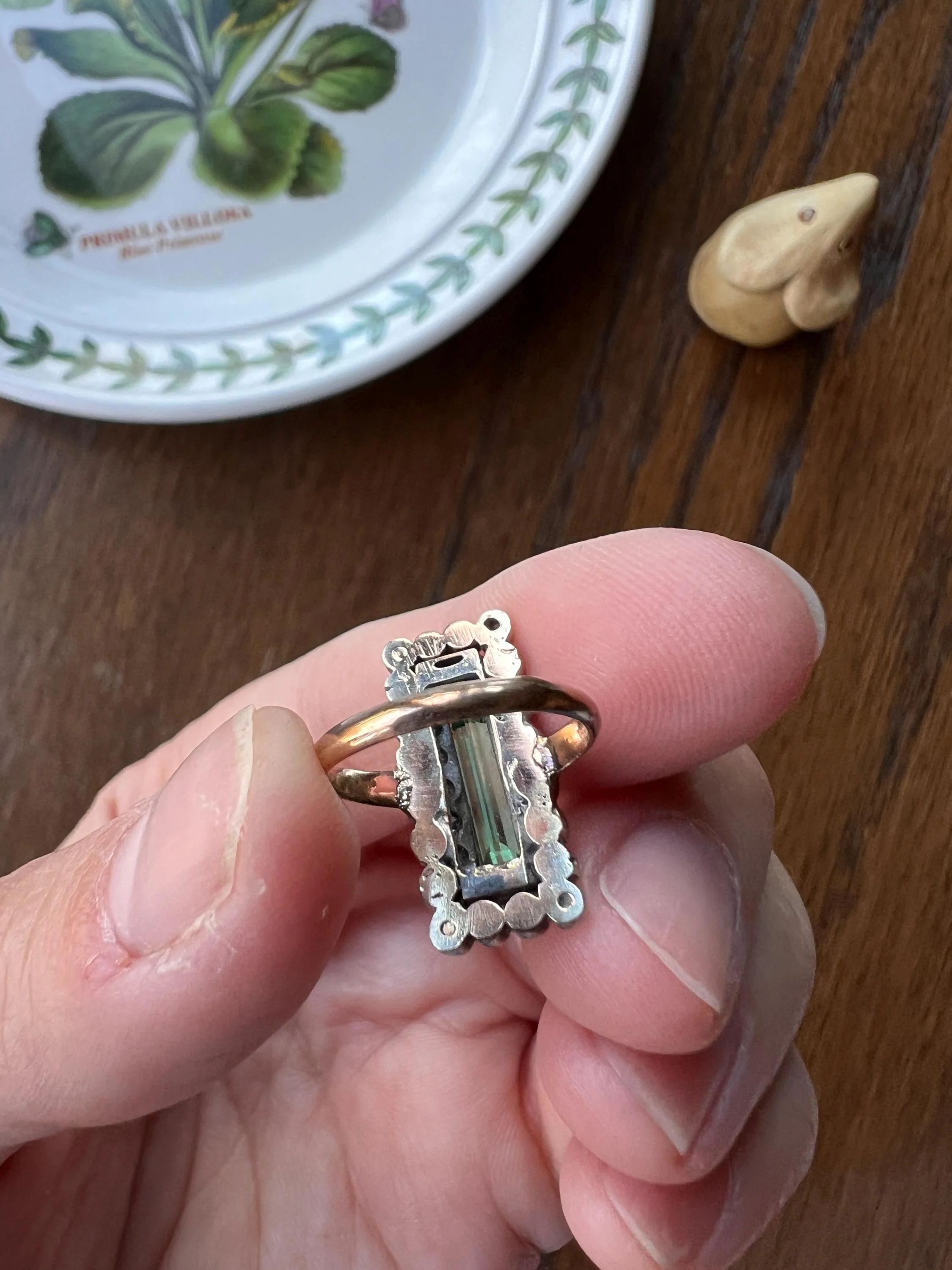 VICTORIAN Antique Emerald Cut Blue Green Tourmaline .5 Carat Rose & Single Cut Diamond Halo Panel Ring 14k Gold - Image 9