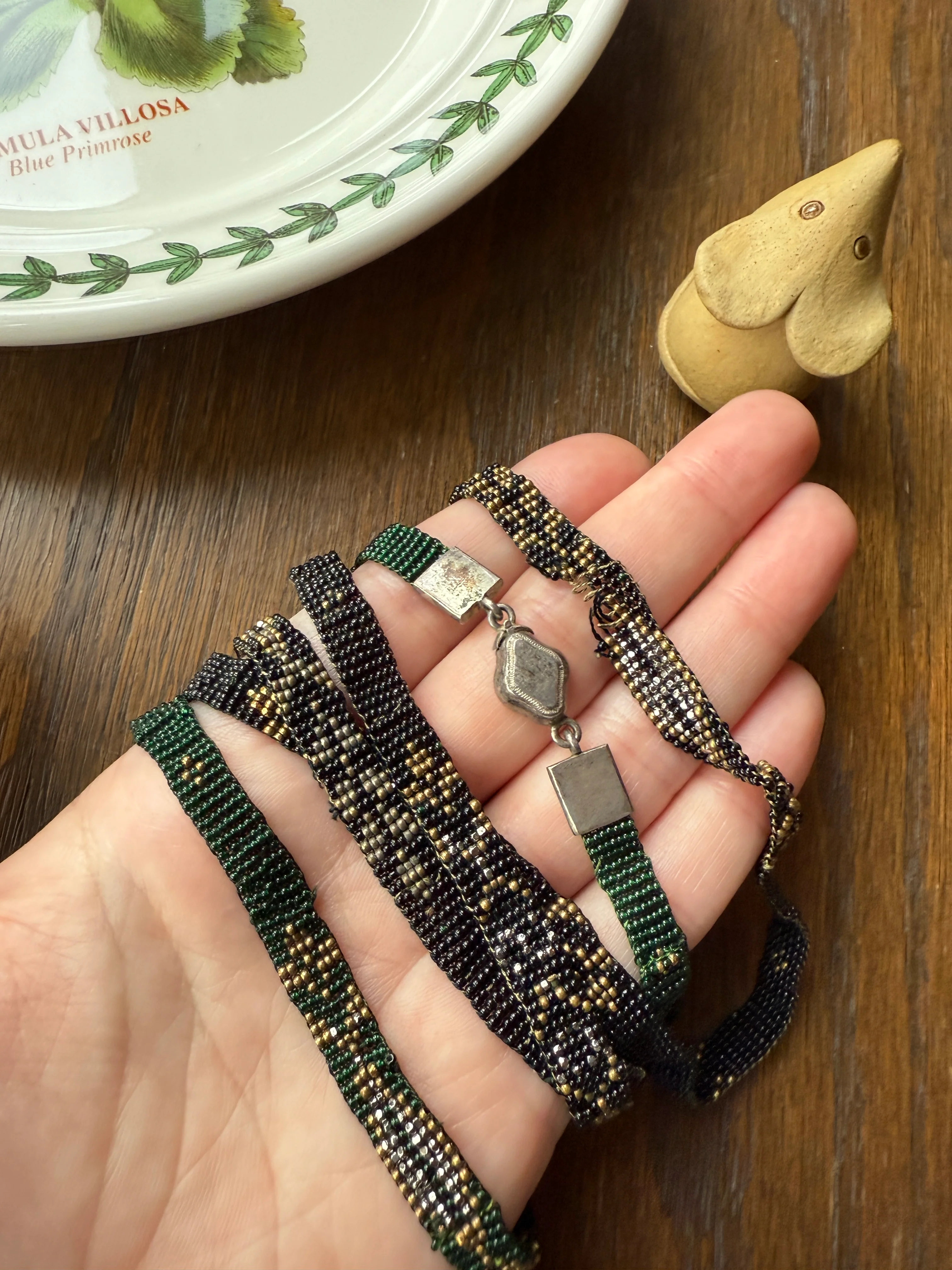 Victorian Antique Emerald Green Black and Gold Intricate Hand Beaded Long Chain Wide Ribbon Flapper Style - Image 2