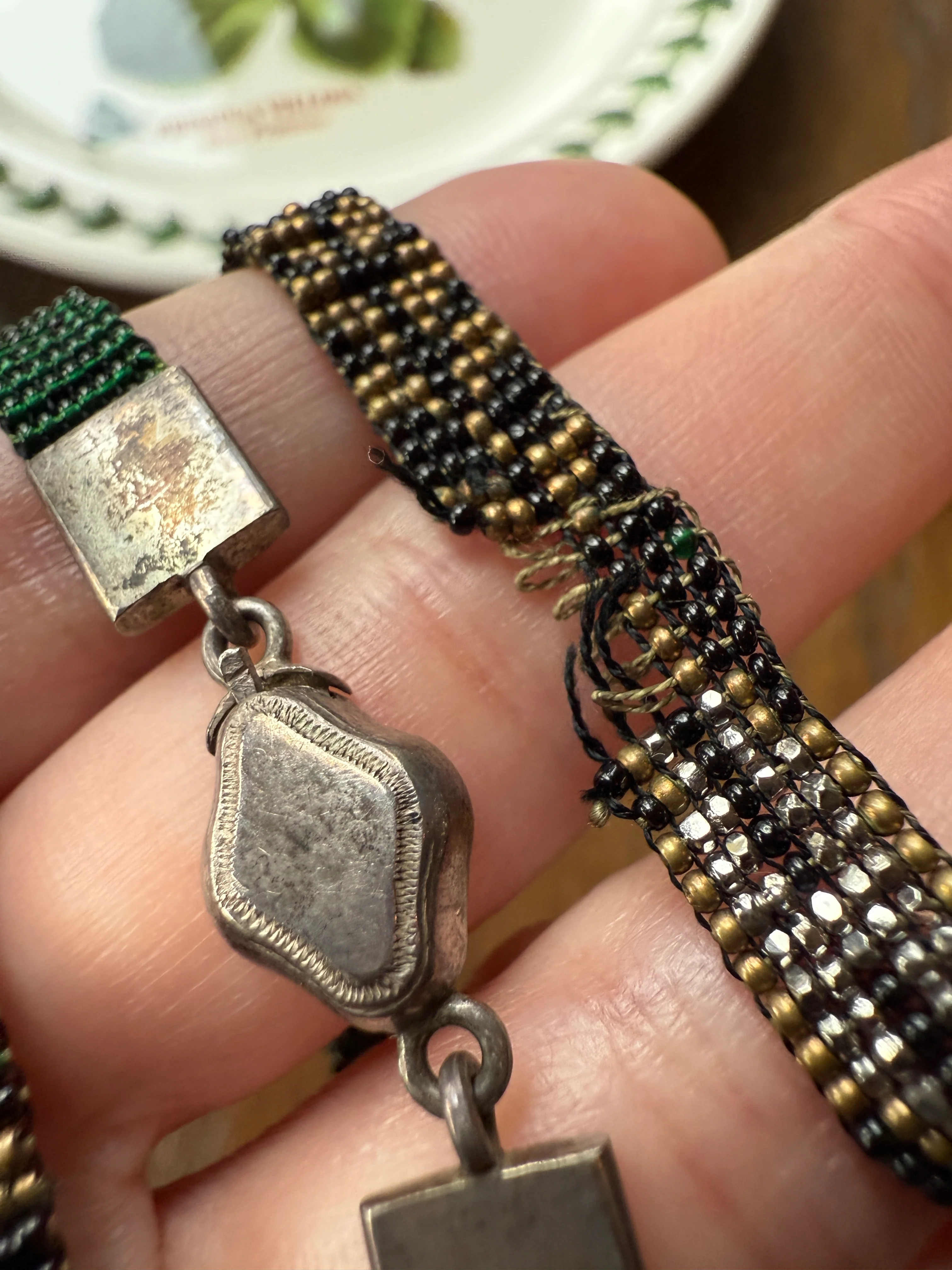 Victorian Antique Emerald Green Black and Gold Intricate Hand Beaded Long Chain Wide Ribbon Flapper Style - Image 6