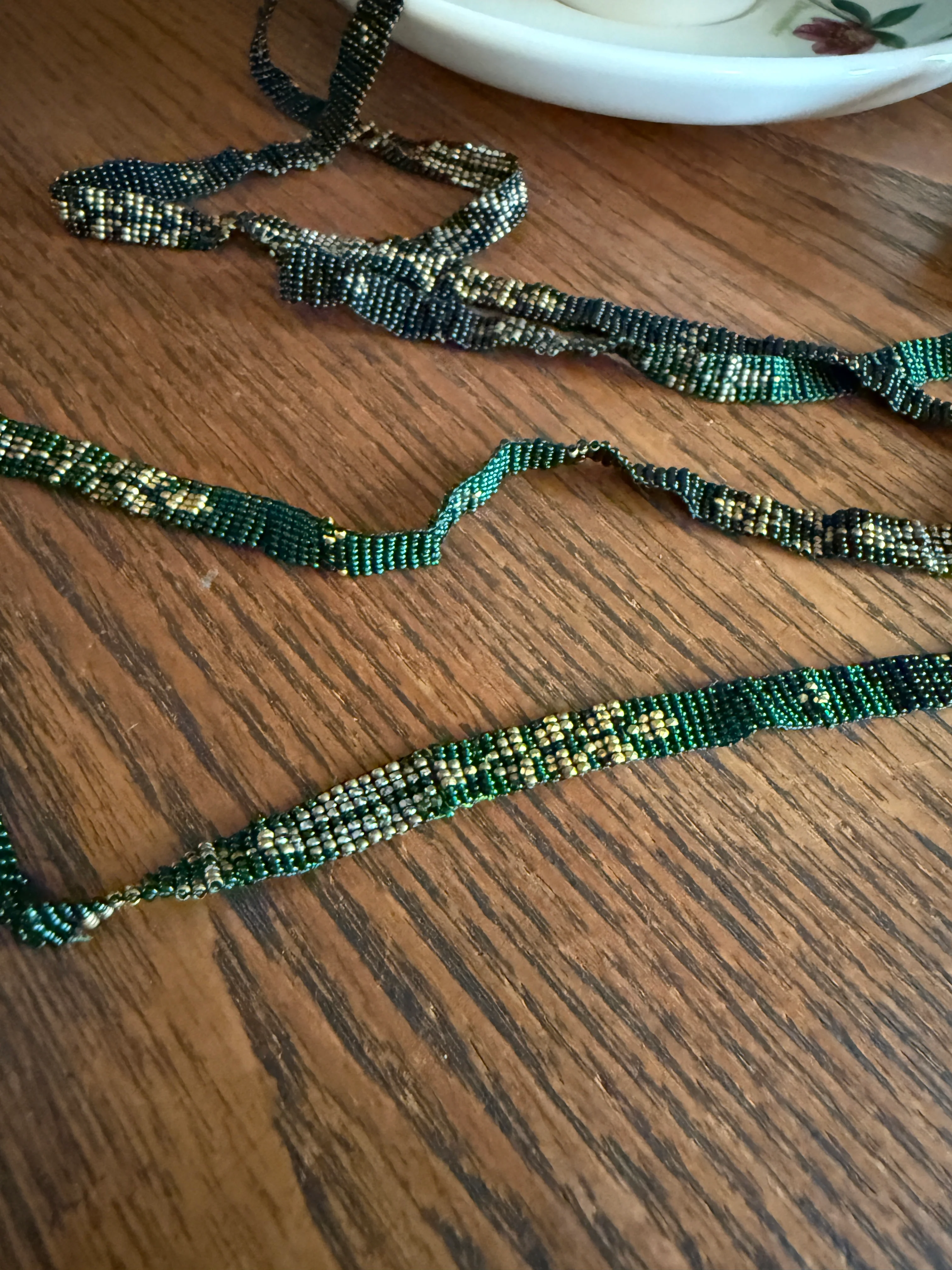 Victorian Antique Emerald Green Black and Gold Intricate Hand Beaded Long Chain Wide Ribbon Flapper Style - Image 8