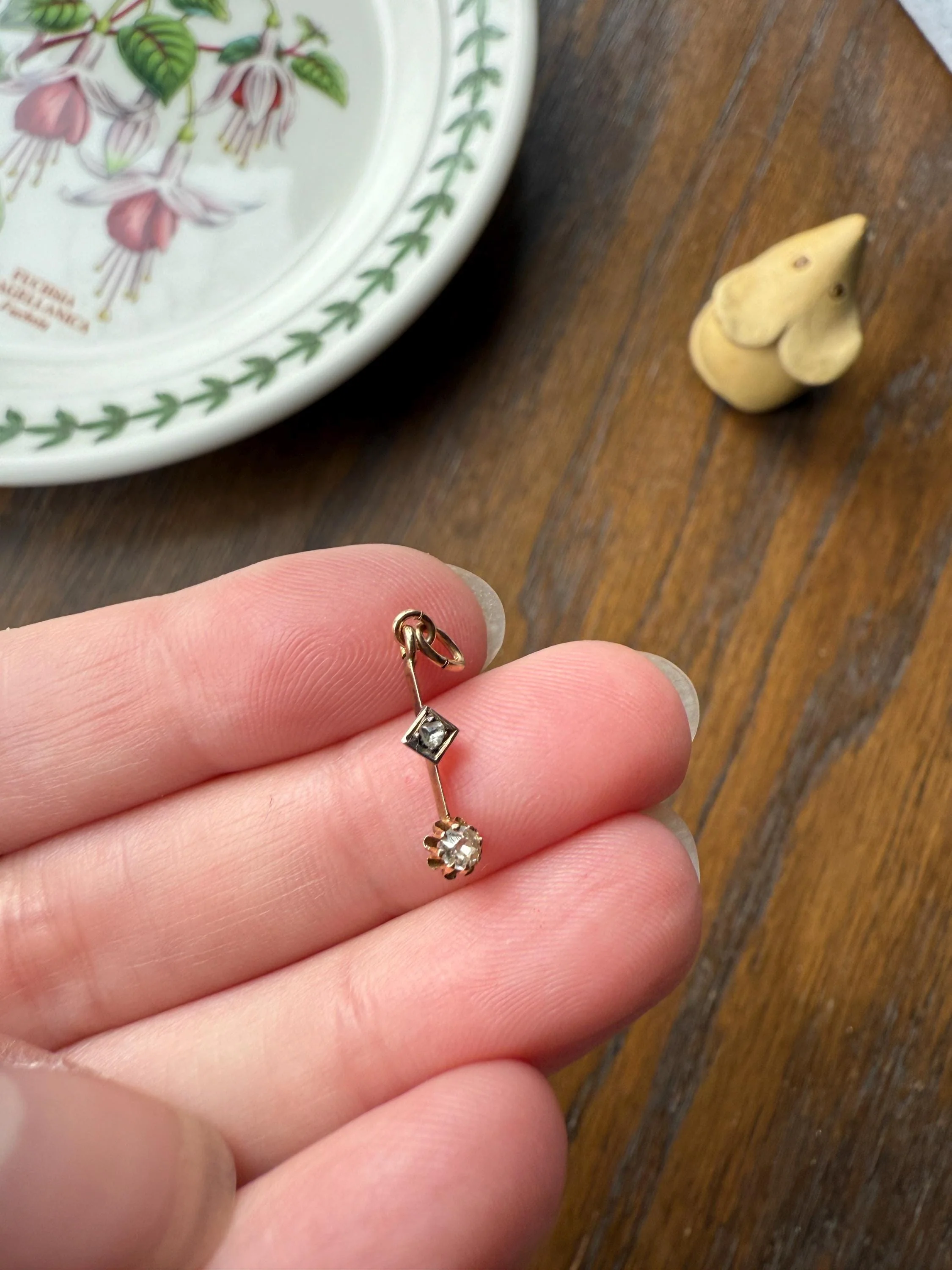 VICTORIAN Antique Old Mine Cut DIAMOND Rose Cut Dangle PENDANT Linear Charm 18k Gold 10k Loop French Belle Epoque Buttercup Minimalist Gift - Image 3