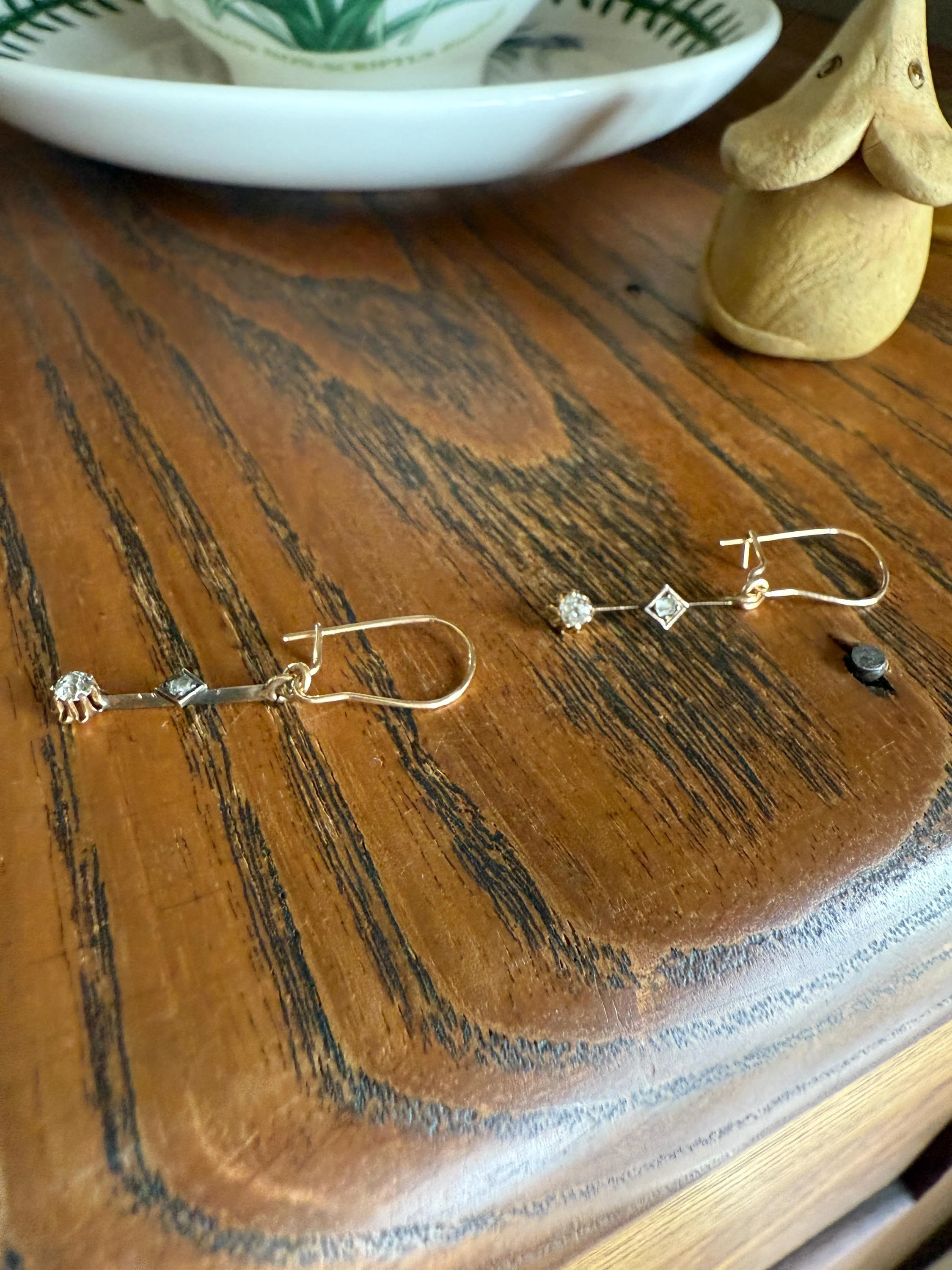 VICTORIAN Antique Old Mine Cut DIAMOND Rose Cut Dangle Earrings Linear 18k Gold 14k Ear Wires French Belle Epoque Buttercup Minimalist Gift - Image 6