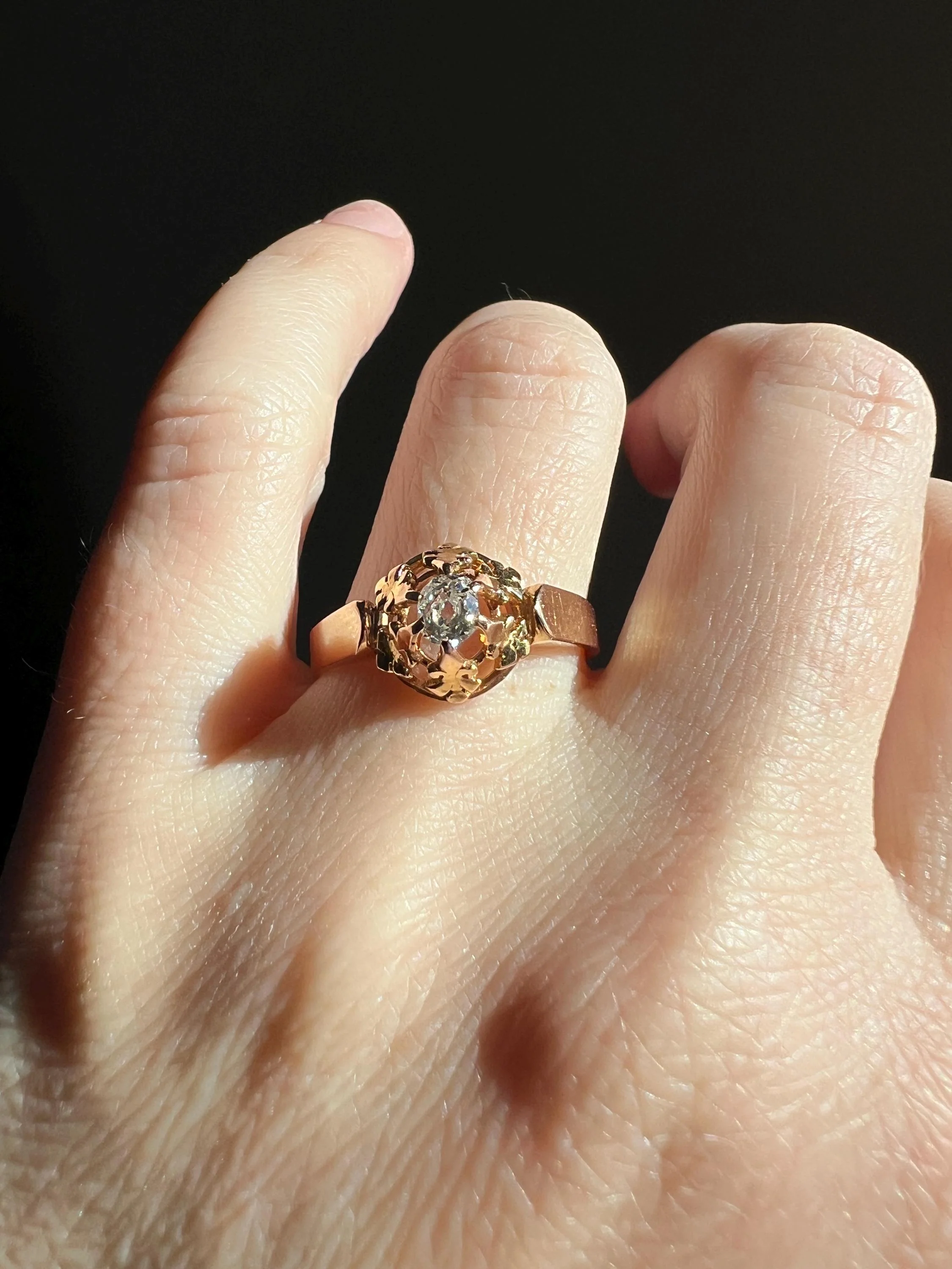 VICTORIAN Antique Old Mine Cut DIAMOND Engagement Ring 18k Rose Gold French Ornate Solitaire Fleur De Lis - Image 6