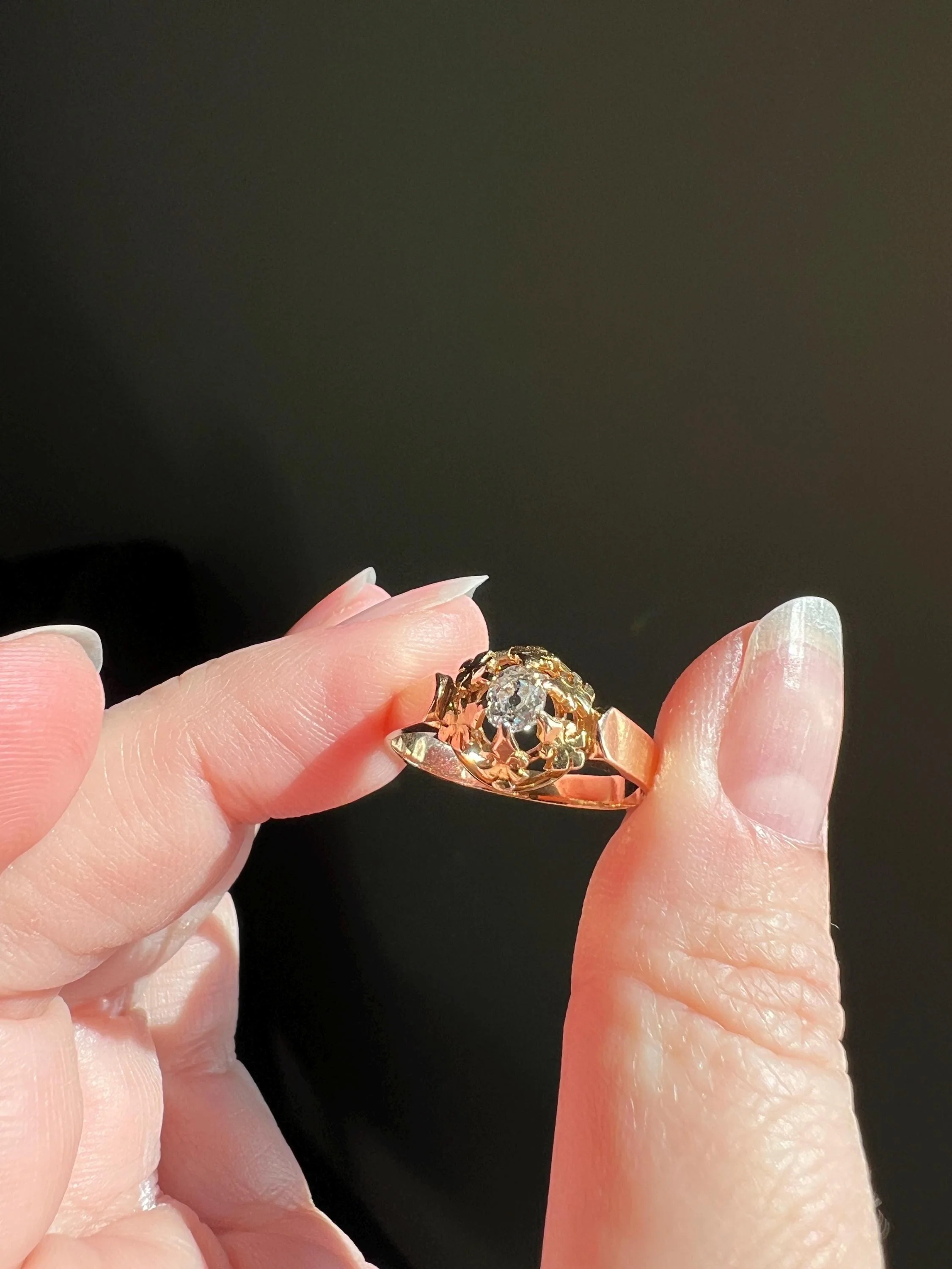 VICTORIAN Antique Old Mine Cut DIAMOND Engagement Ring 18k Rose Gold French Ornate Solitaire Fleur De Lis - Image 7