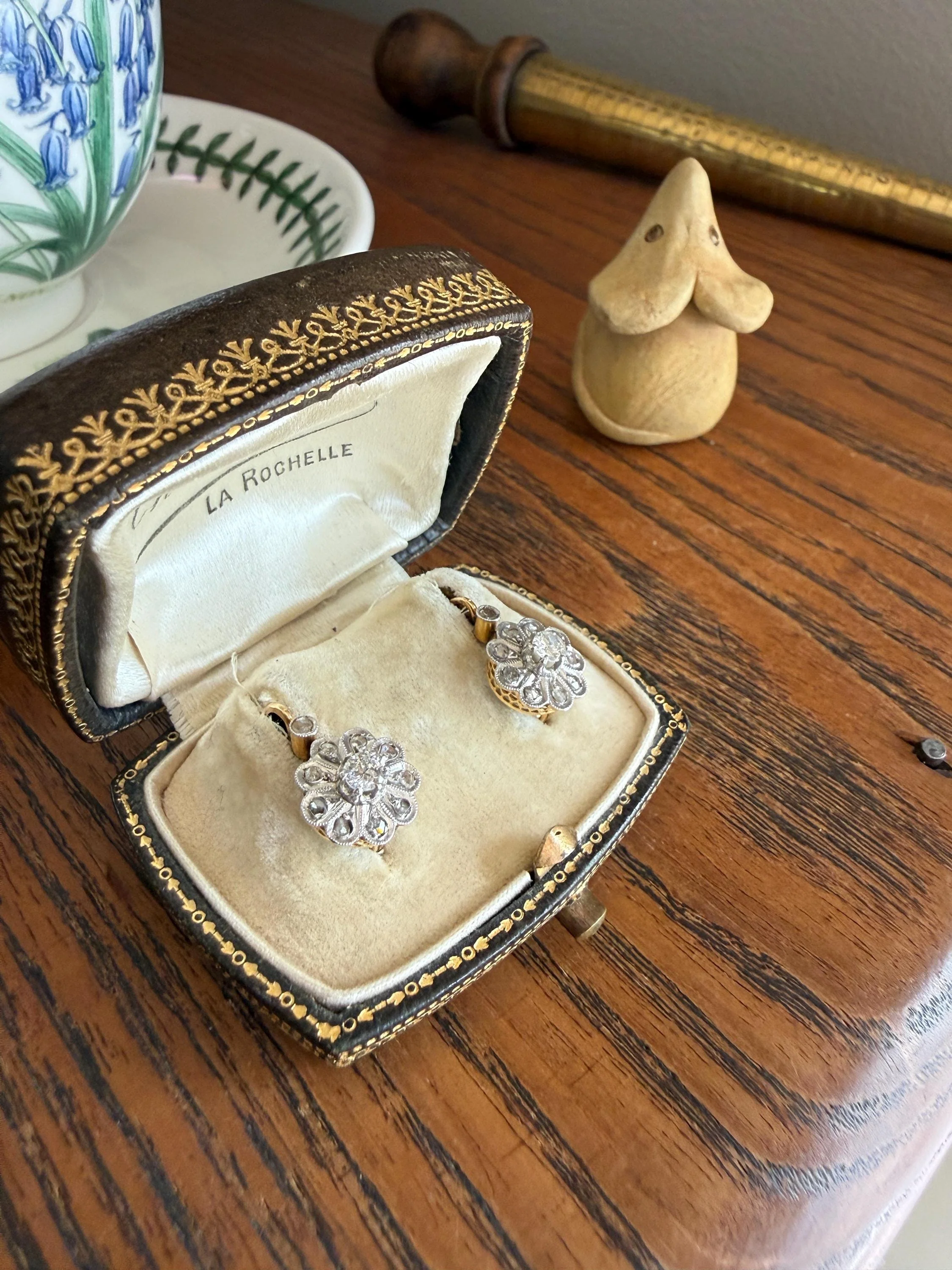 Victorian ANTIQUE Old Mine Rose Cut Diamond Daisy Cluster Dormeuse Earrings French 18k Gold Solid Floral Petals Dangle Belle Epoque - Image 10
