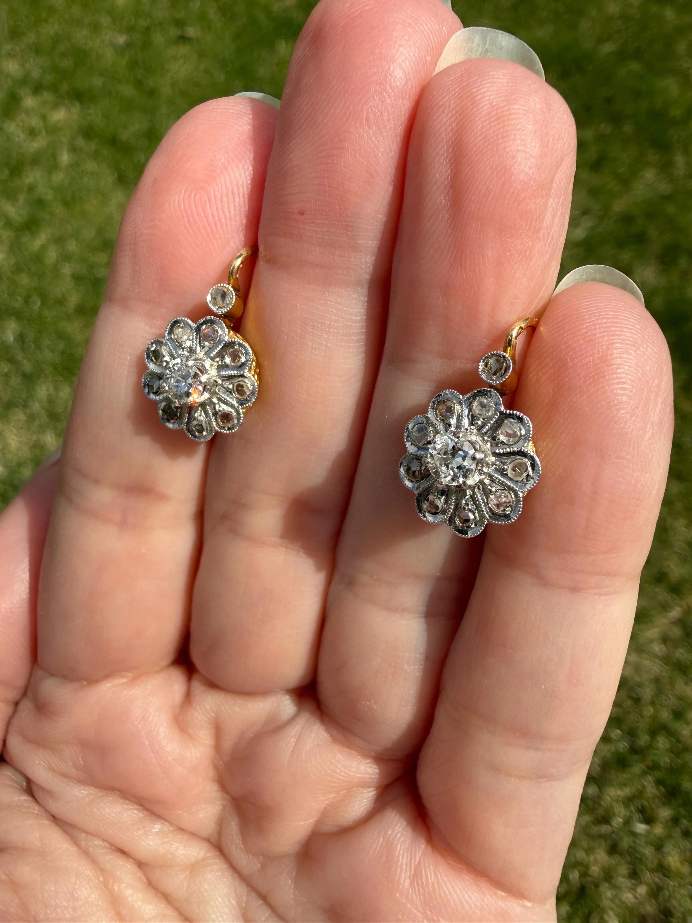 Victorian ANTIQUE Old Mine Rose Cut Diamond Daisy Cluster Dormeuse Earrings French 18k Gold Solid Floral Petals Dangle Belle Epoque - Image 12