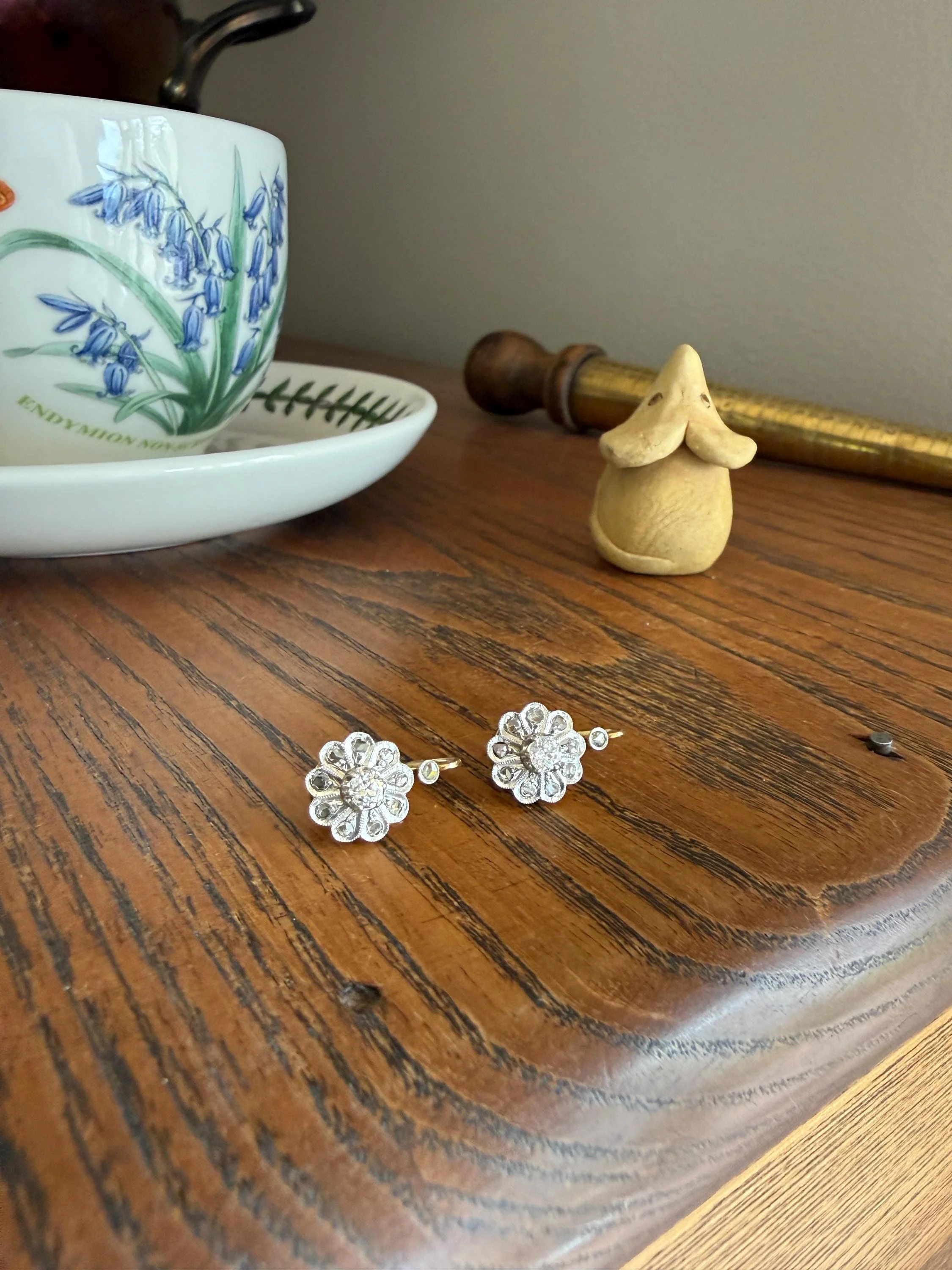 Victorian ANTIQUE Old Mine Rose Cut Diamond Daisy Cluster Dormeuse Earrings French 18k Gold Solid Floral Petals Dangle Belle Epoque - Image 13