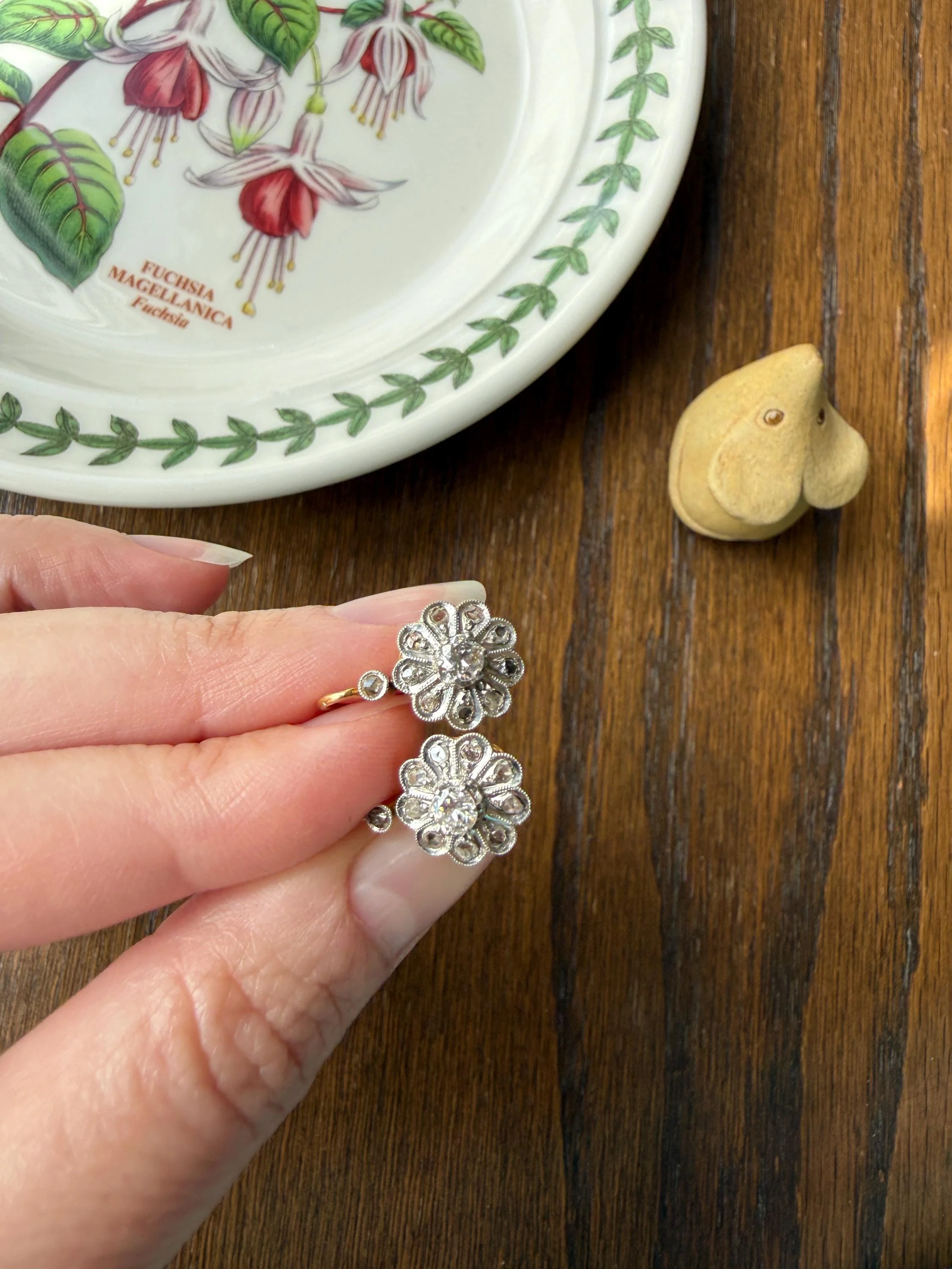 Victorian ANTIQUE Old Mine Rose Cut Diamond Daisy Cluster Dormeuse Earrings French 18k Gold Solid Floral Petals Dangle Belle Epoque - Image 14