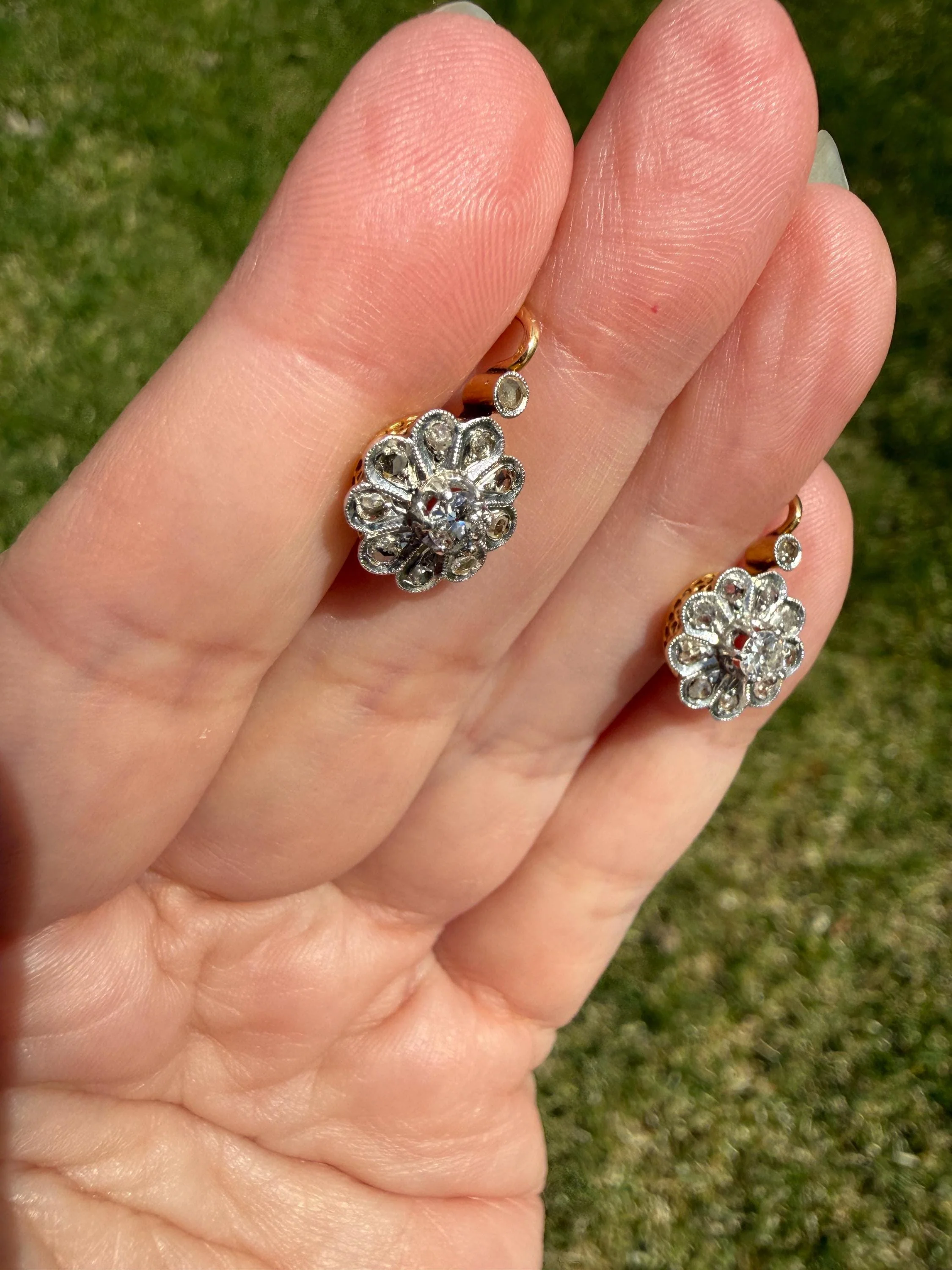 Victorian ANTIQUE Old Mine Rose Cut Diamond Daisy Cluster Dormeuse Earrings French 18k Gold Solid Floral Petals Dangle Belle Epoque - Image 17