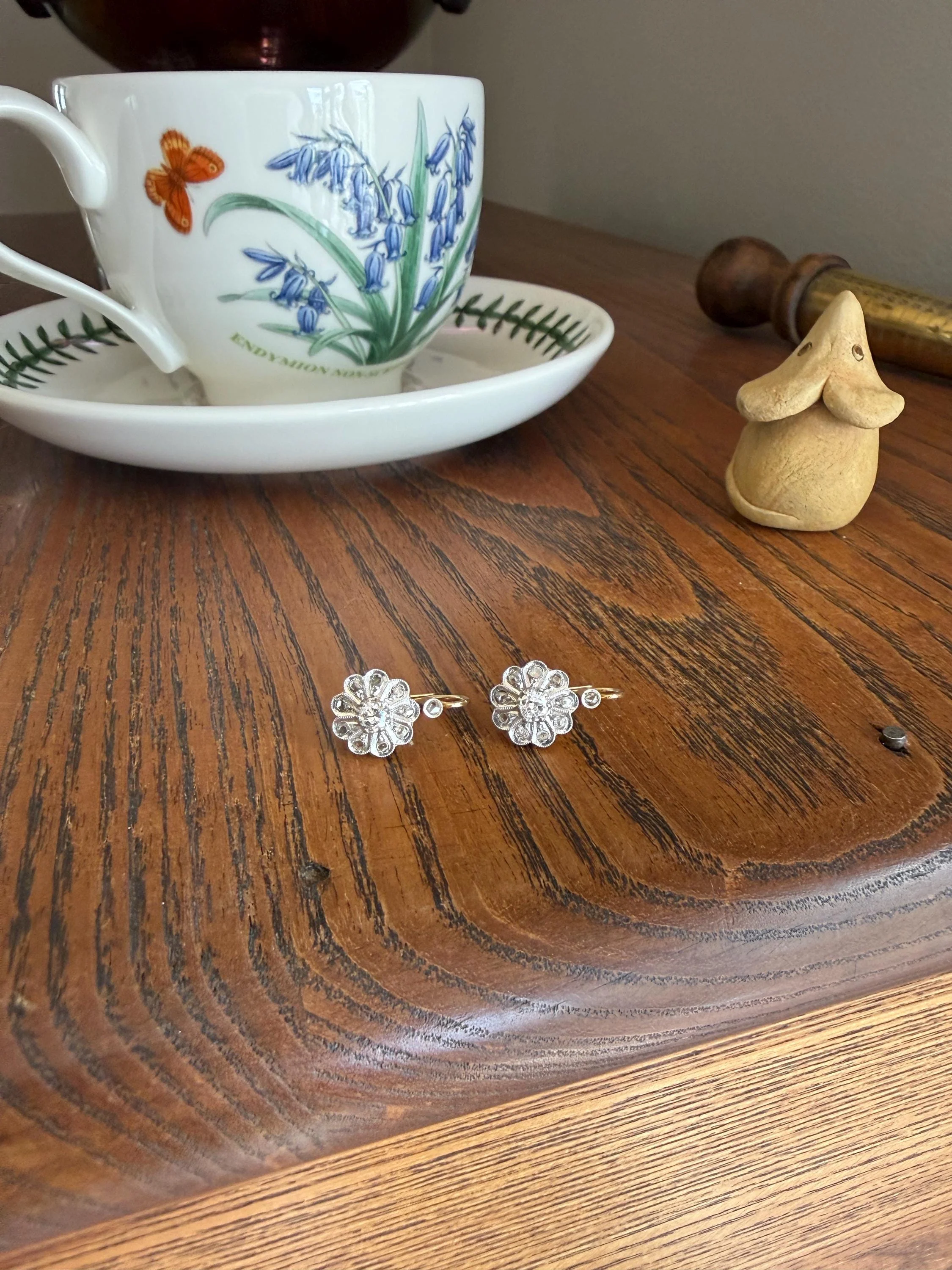 Victorian ANTIQUE Old Mine Rose Cut Diamond Daisy Cluster Dormeuse Earrings French 18k Gold Solid Floral Petals Dangle Belle Epoque - Image 18