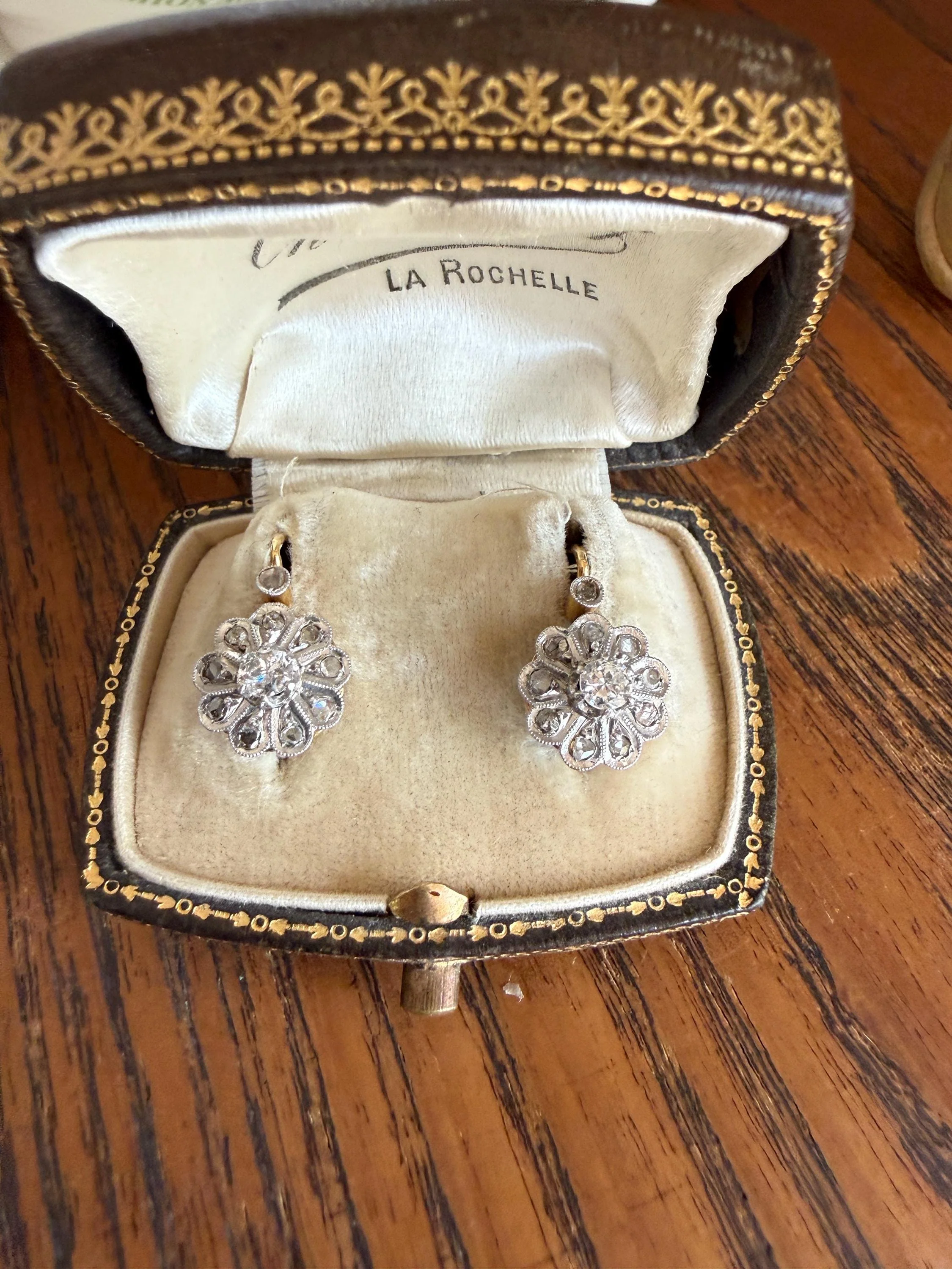 Victorian ANTIQUE Old Mine Rose Cut Diamond Daisy Cluster Dormeuse Earrings French 18k Gold Solid Floral Petals Dangle Belle Epoque - Image 2