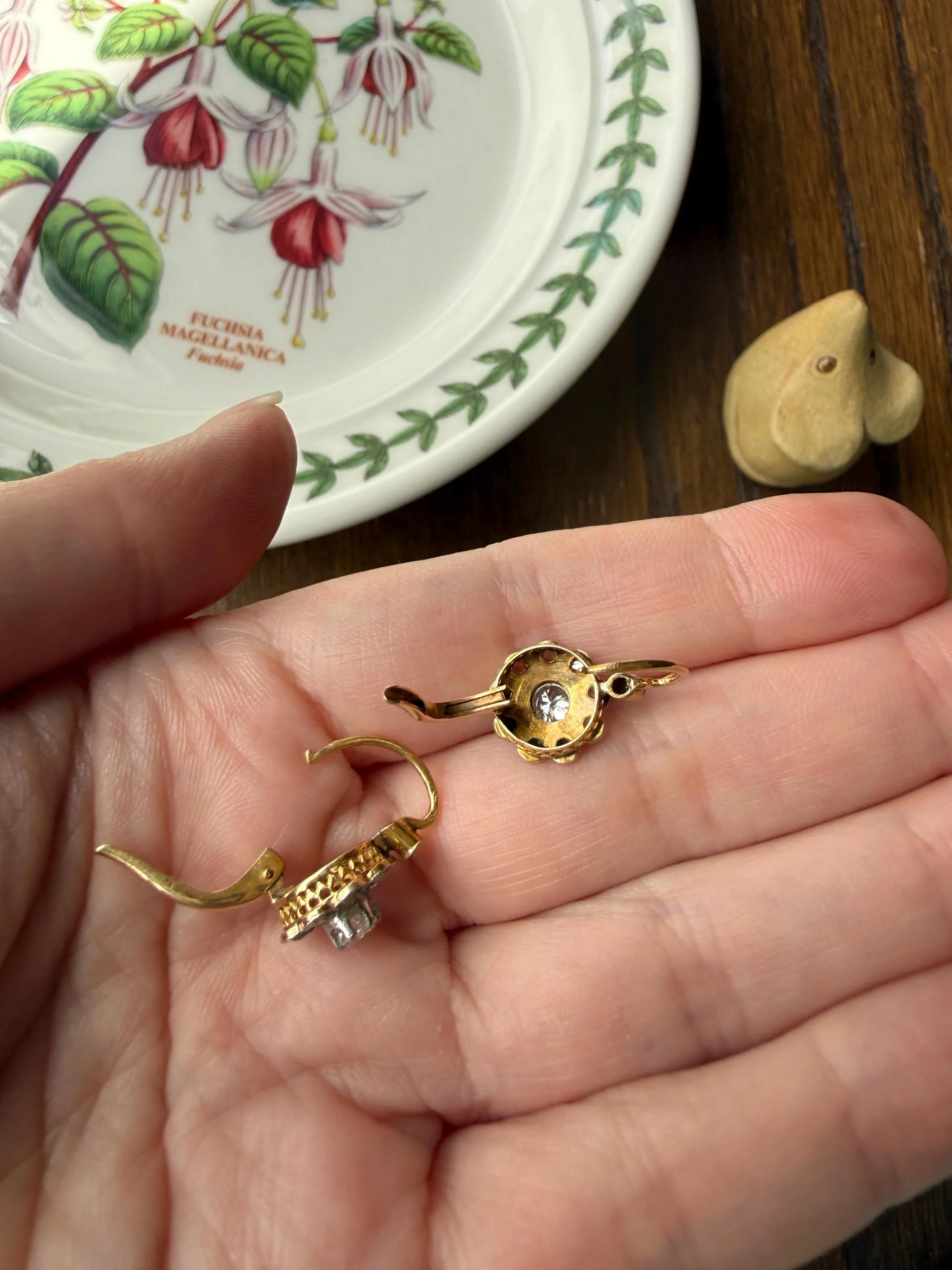 Victorian ANTIQUE Old Mine Rose Cut Diamond Daisy Cluster Dormeuse Earrings French 18k Gold Solid Floral Petals Dangle Belle Epoque - Image 20