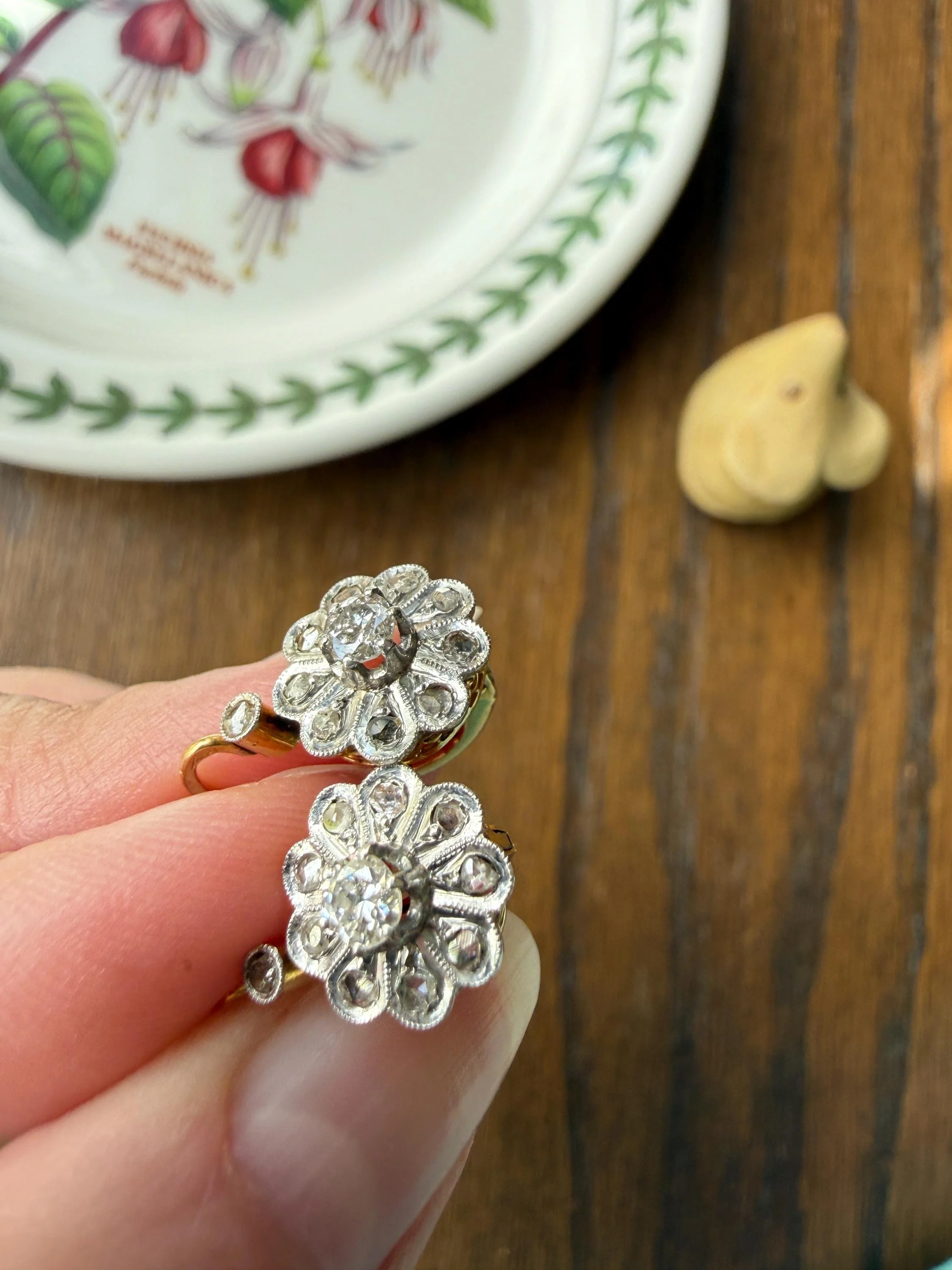 Victorian ANTIQUE Old Mine Rose Cut Diamond Daisy Cluster Dormeuse Earrings French 18k Gold Solid Floral Petals Dangle Belle Epoque - Image 4