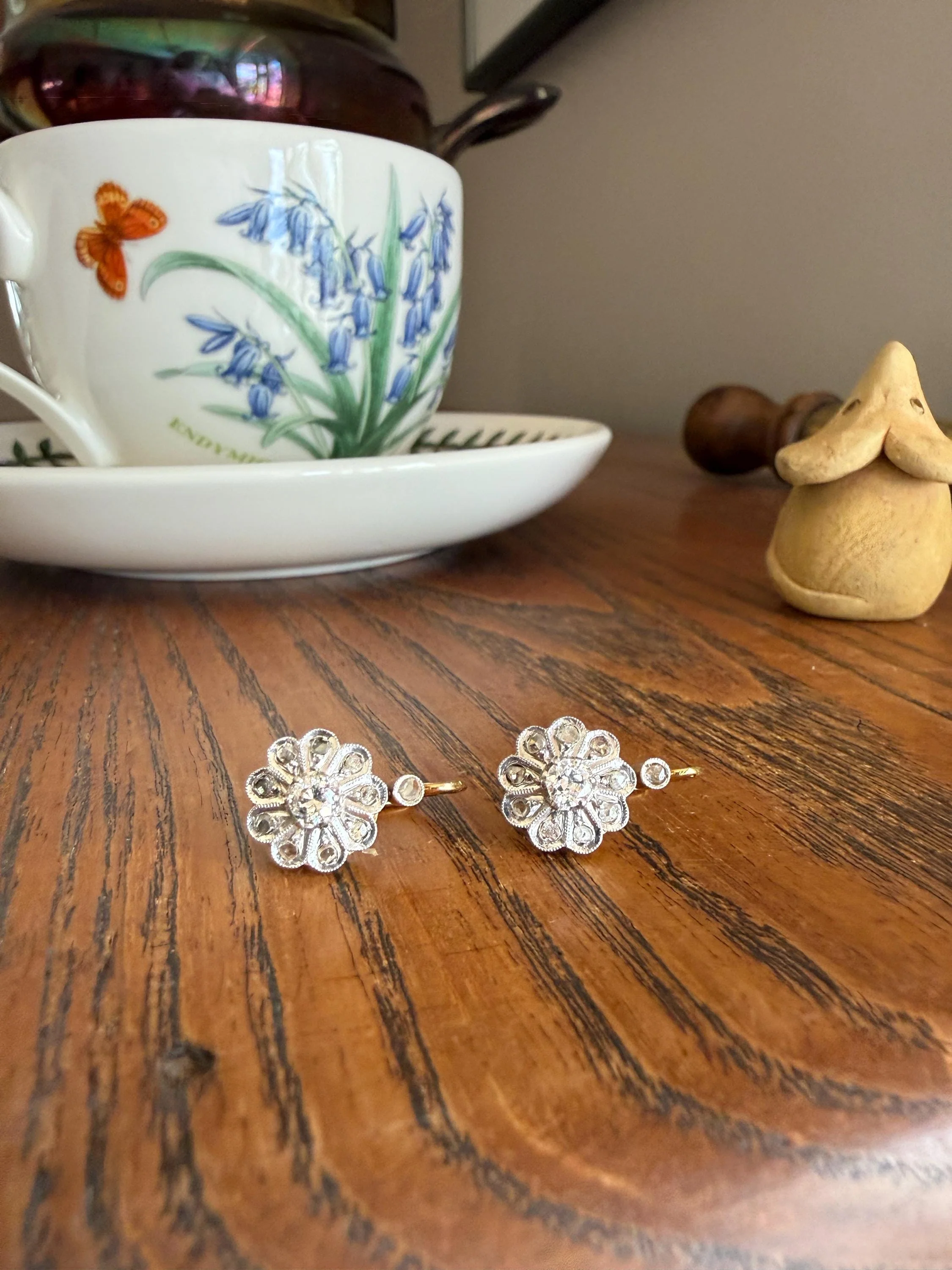 Victorian ANTIQUE Old Mine Rose Cut Diamond Daisy Cluster Dormeuse Earrings French 18k Gold Solid Floral Petals Dangle Belle Epoque - Image 5