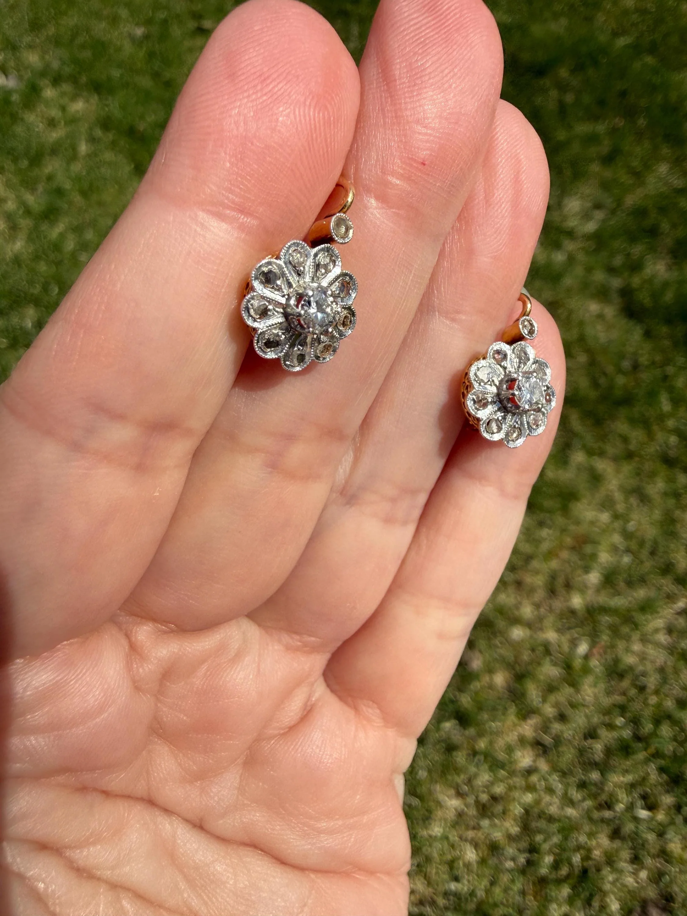 Victorian ANTIQUE Old Mine Rose Cut Diamond Daisy Cluster Dormeuse Earrings French 18k Gold Solid Floral Petals Dangle Belle Epoque - Image 6