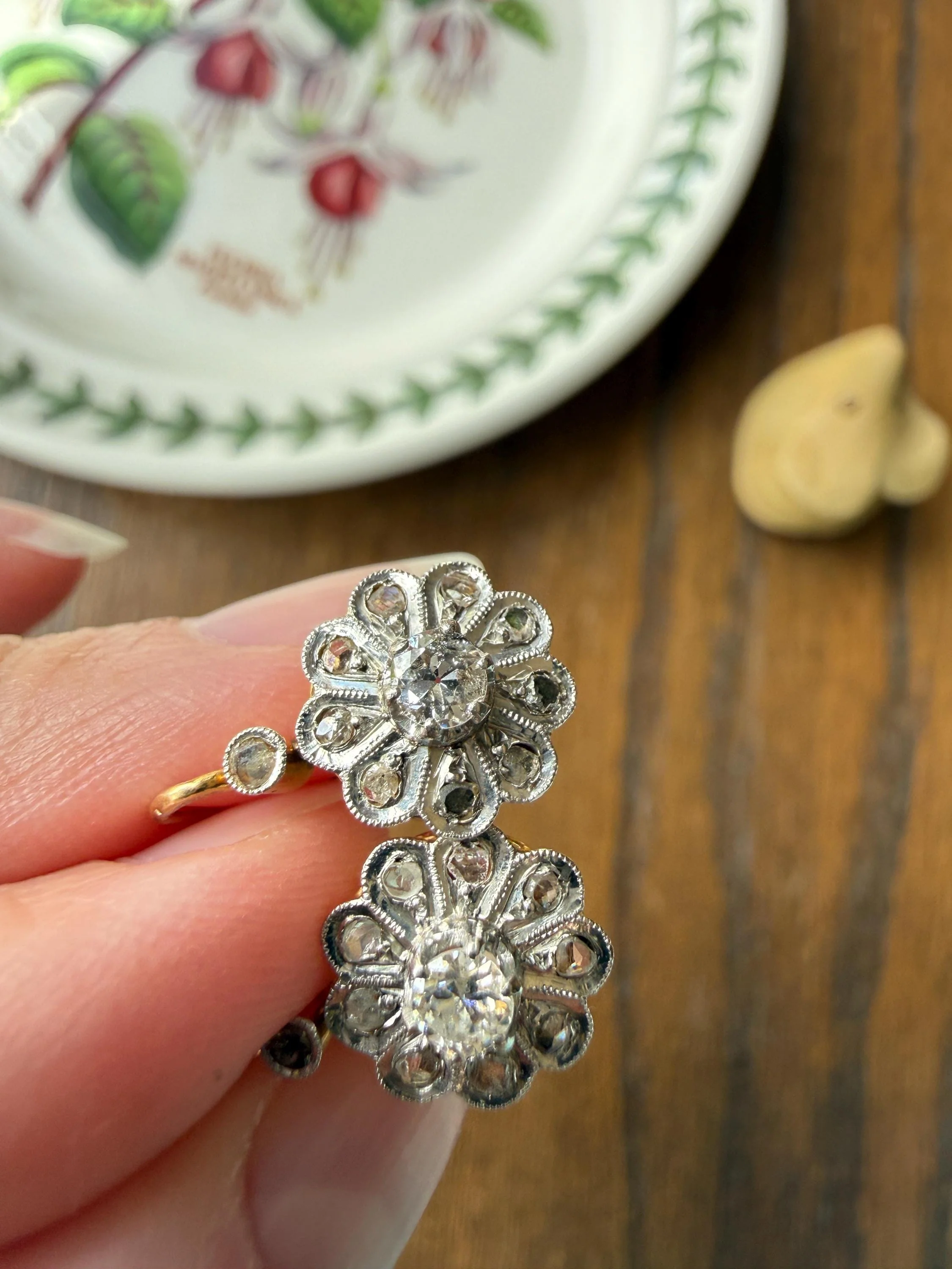Victorian ANTIQUE Old Mine Rose Cut Diamond Daisy Cluster Dormeuse Earrings French 18k Gold Solid Floral Petals Dangle Belle Epoque - Image 7