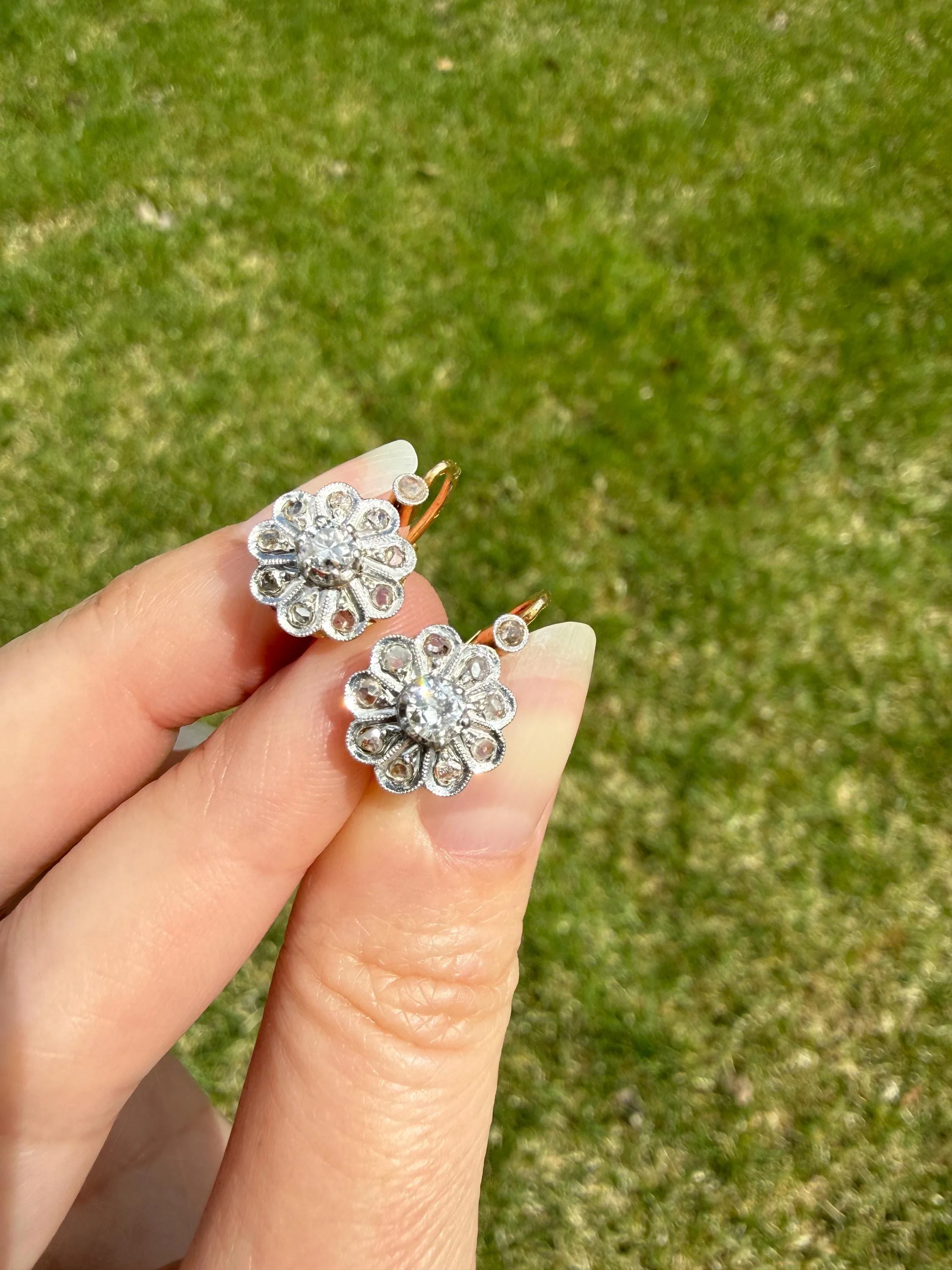 Victorian ANTIQUE Old Mine Rose Cut Diamond Daisy Cluster Dormeuse Earrings French 18k Gold Solid Floral Petals Dangle Belle Epoque - Image 8