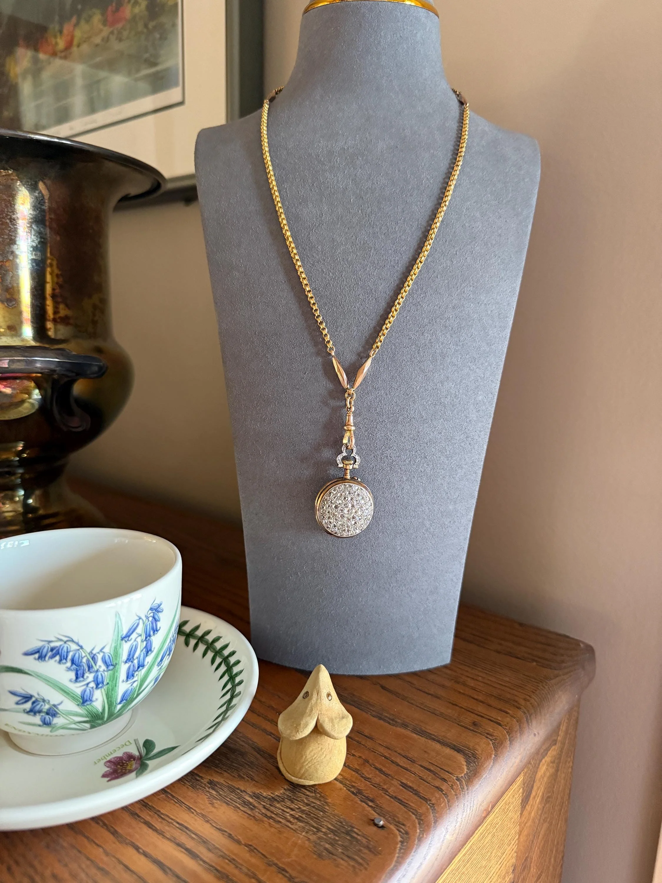 Victorian Antique Ribbed Box Chain Faceted Marquise Spacers Dog Clip Fob Pendant Holder Necklace Rose & Yellow 9k Gold Solid 18k Clasp - Image 11