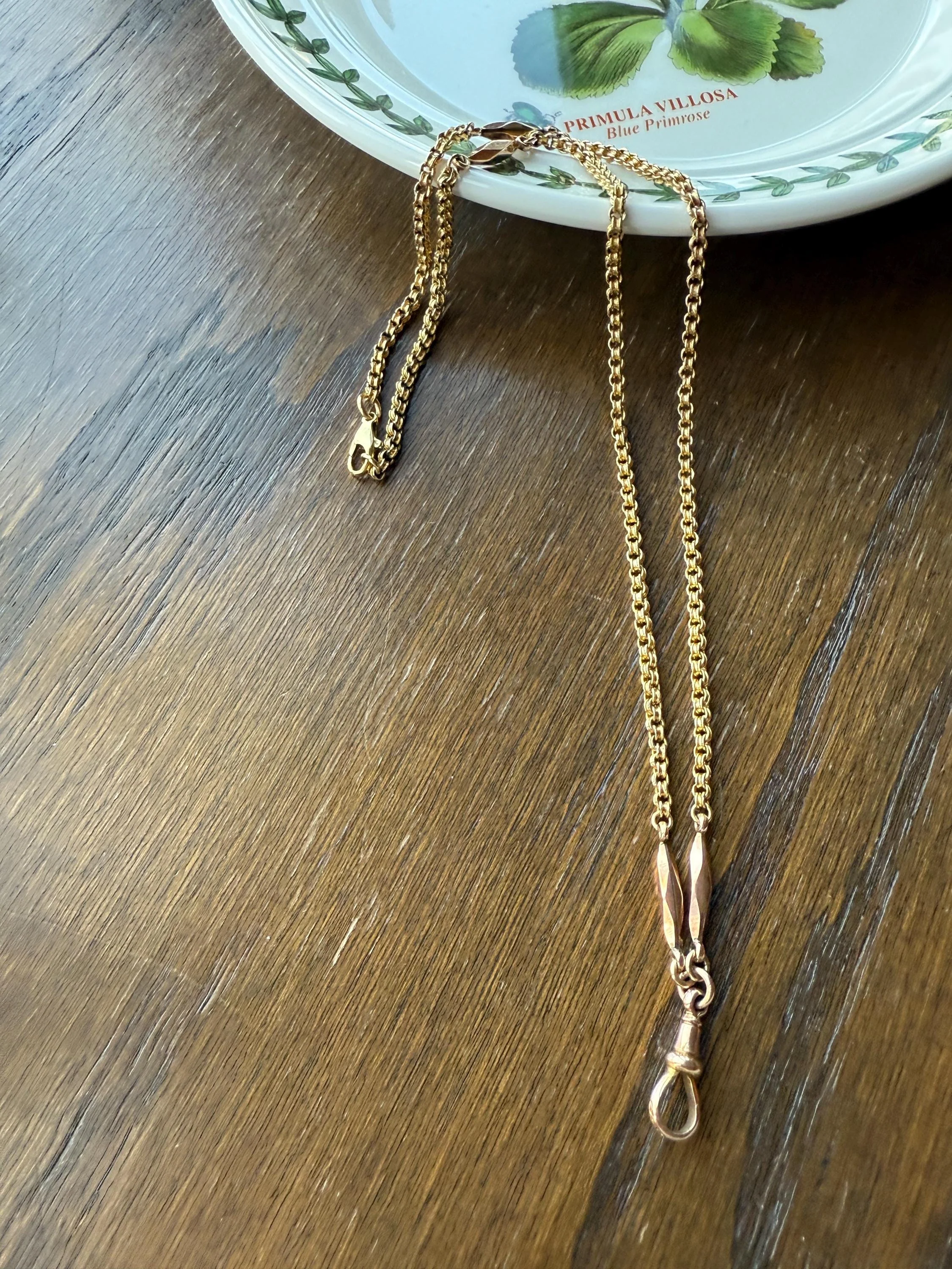 Victorian Antique Ribbed Box Chain Faceted Marquise Spacers Dog Clip Fob Pendant Holder Necklace Rose & Yellow 9k Gold Solid 18k Clasp - Image 13