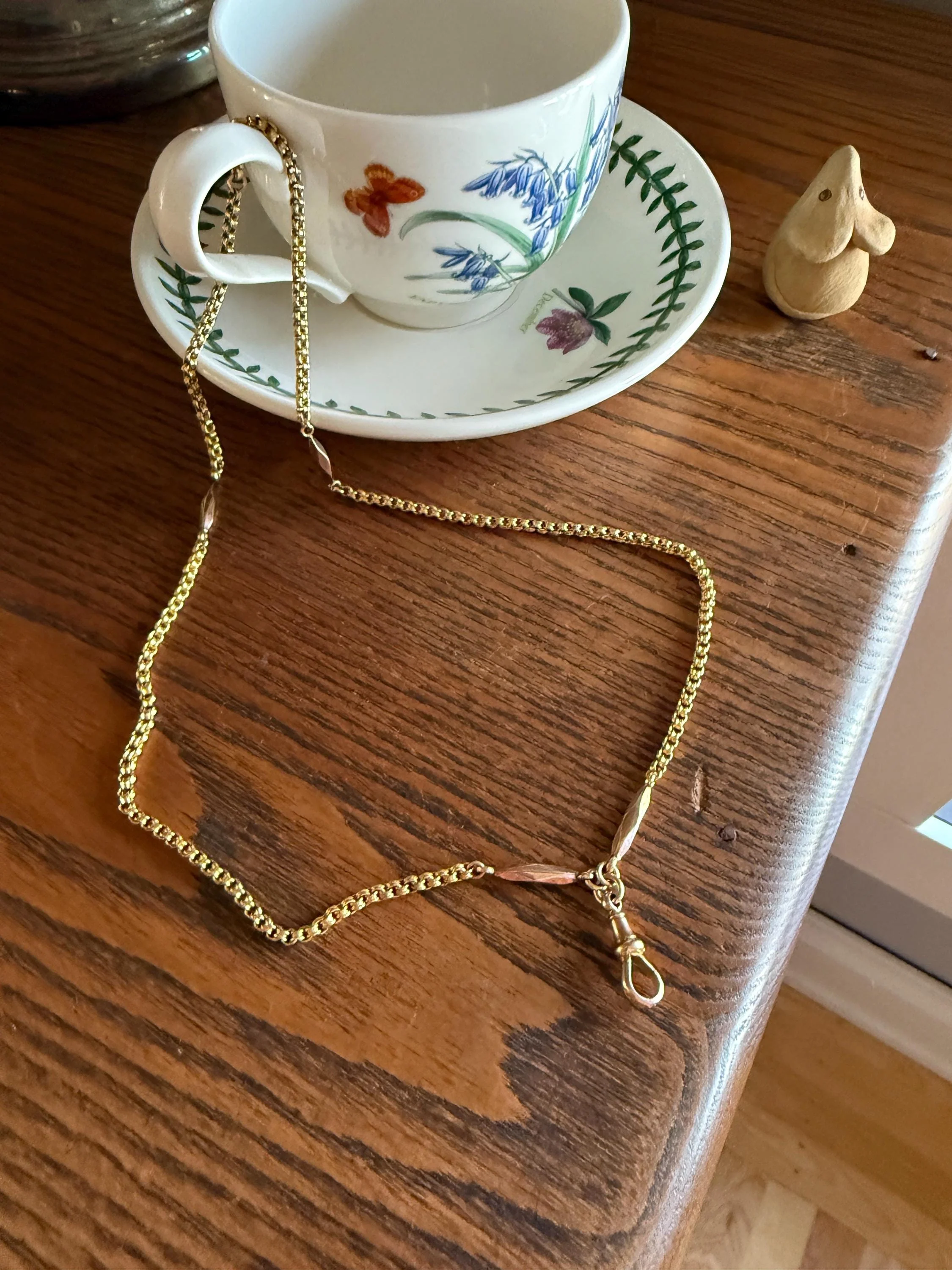 Victorian Antique Ribbed Box Chain Faceted Marquise Spacers Dog Clip Fob Pendant Holder Necklace Rose & Yellow 9k Gold Solid 18k Clasp - Image 14