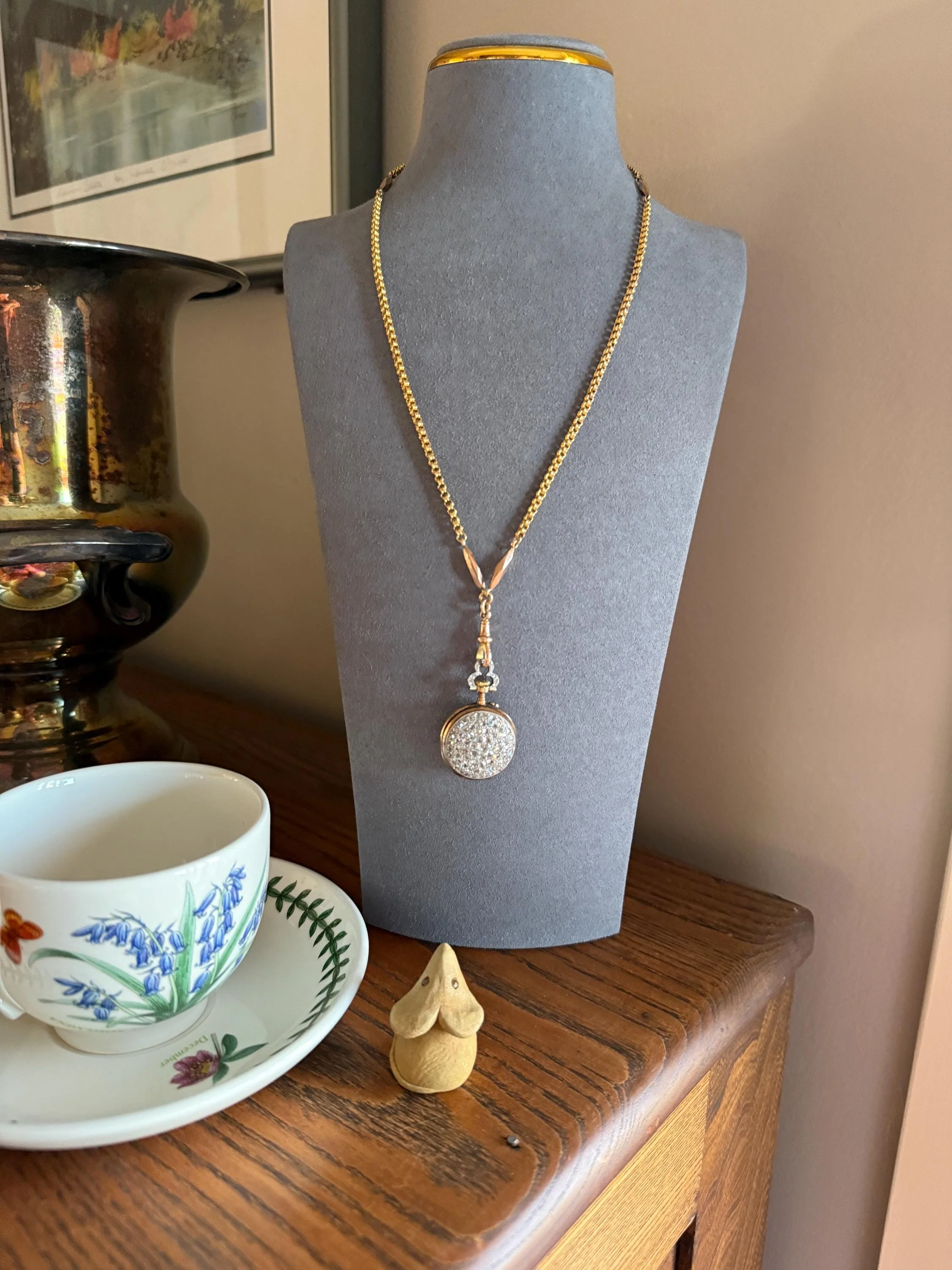 Victorian Antique Ribbed Box Chain Faceted Marquise Spacers Dog Clip Fob Pendant Holder Necklace Rose & Yellow 9k Gold Solid 18k Clasp - Image 15