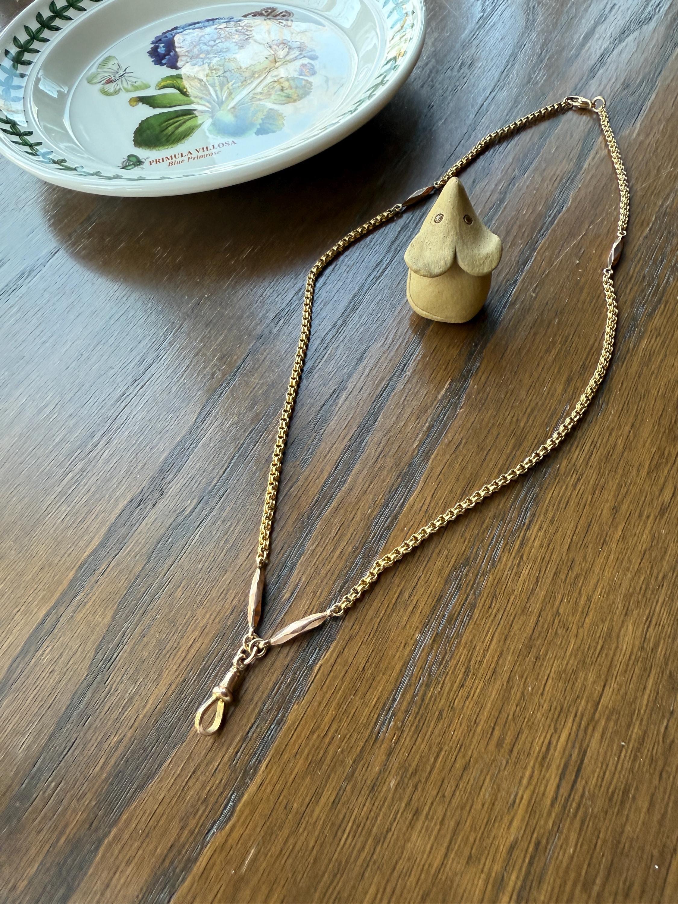 Victorian Antique Ribbed Box Chain Faceted Marquise Spacers Dog Clip Fob Pendant Holder Necklace Rose & Yellow 9k Gold Solid 18k Clasp - Image 17