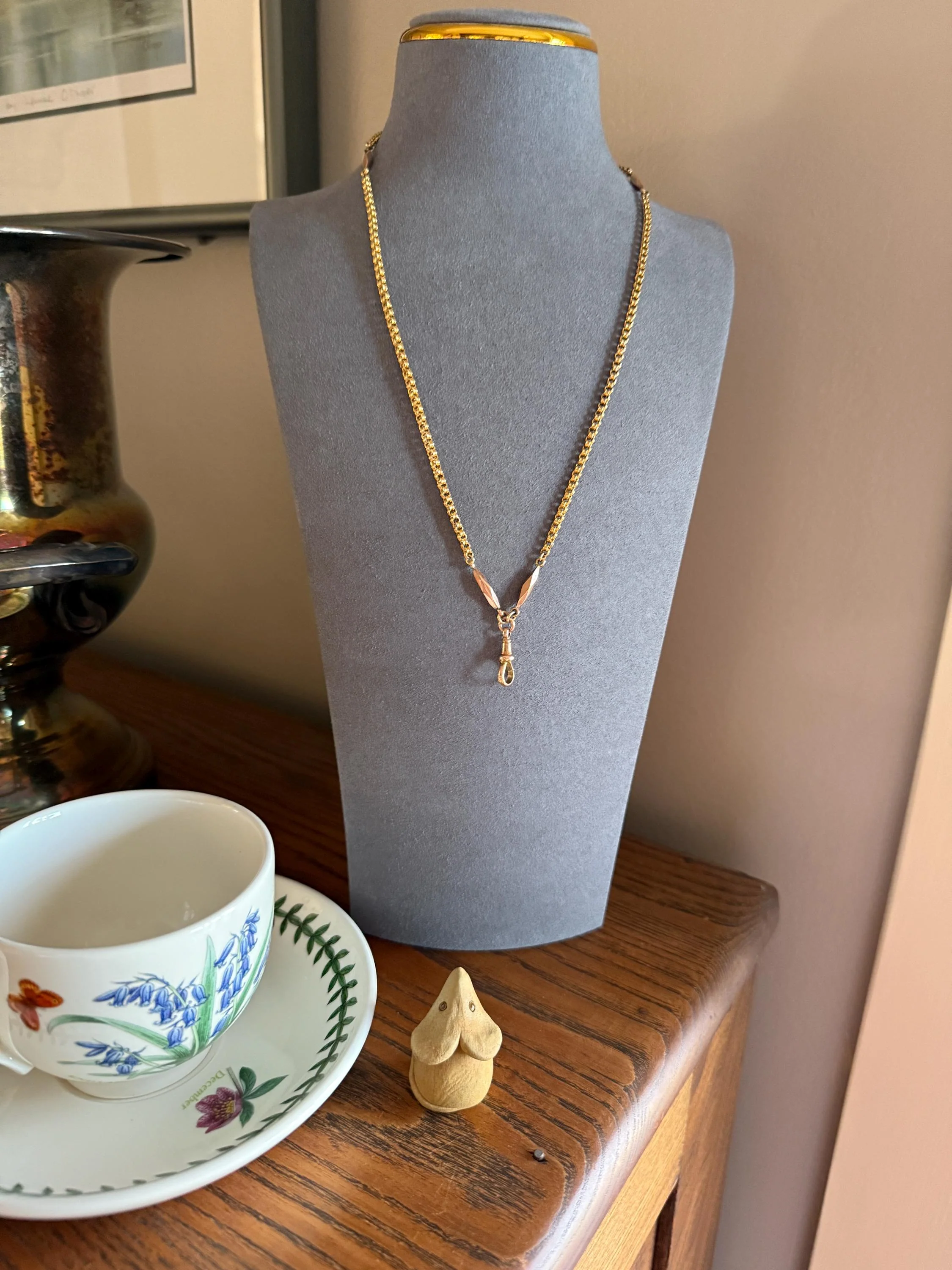 Victorian Antique Ribbed Box Chain Faceted Marquise Spacers Dog Clip Fob Pendant Holder Necklace Rose & Yellow 9k Gold Solid 18k Clasp - Image 2