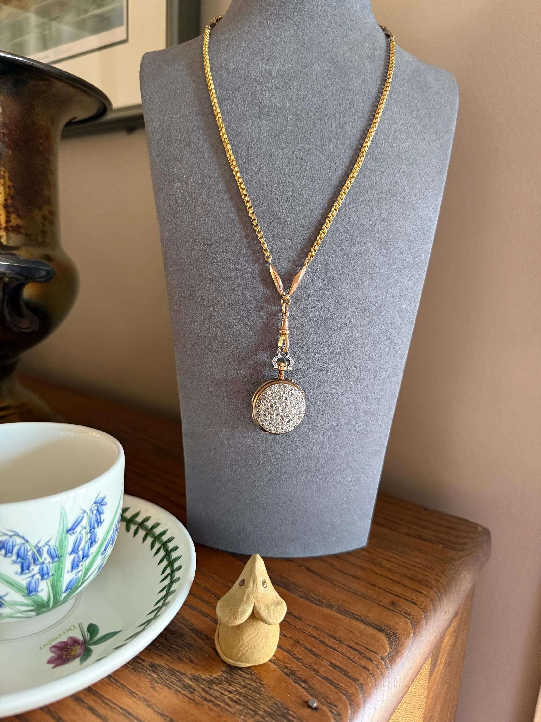 Victorian Antique Ribbed Box Chain Faceted Marquise Spacers Dog Clip Fob Pendant Holder Necklace Rose & Yellow 9k Gold Solid 18k Clasp - Image 3