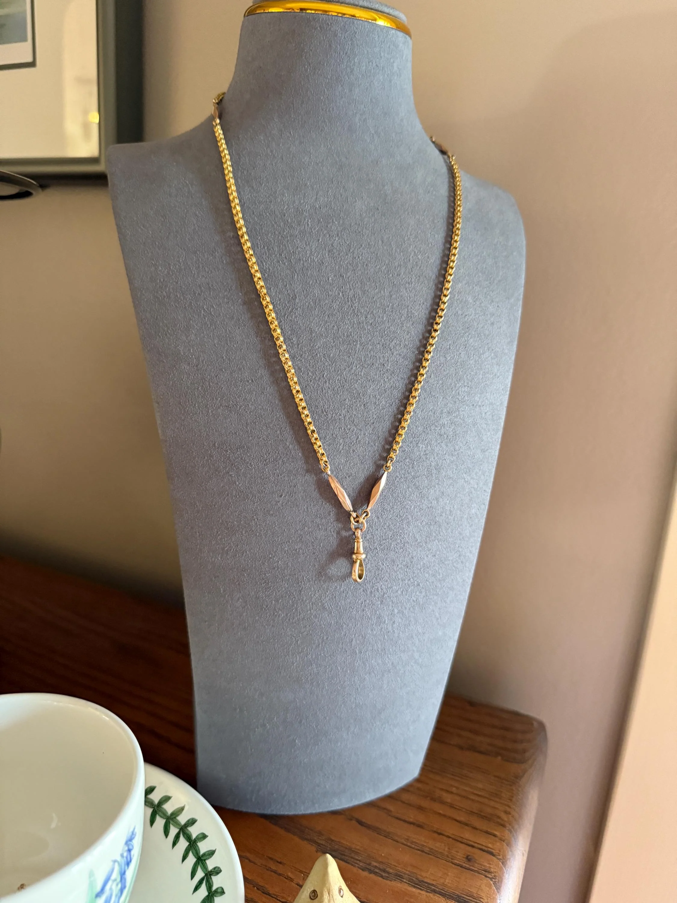 Victorian Antique Ribbed Box Chain Faceted Marquise Spacers Dog Clip Fob Pendant Holder Necklace Rose & Yellow 9k Gold Solid 18k Clasp - Image 6